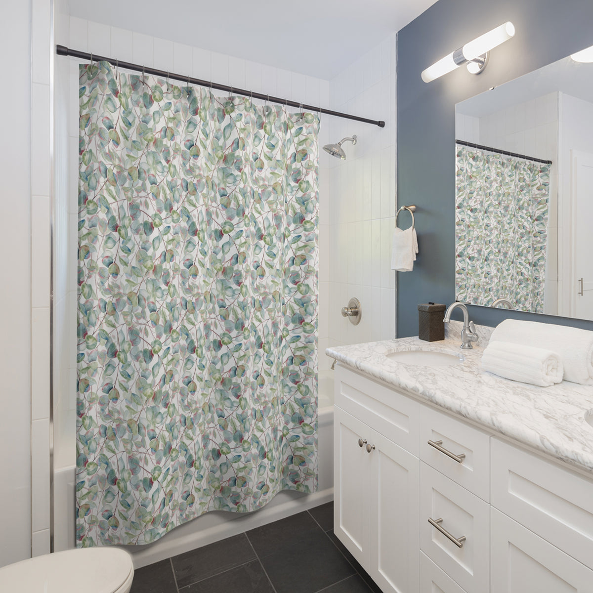 Sage Blue Watercolor Eucalyptus Shower Curtain, Bath Curtain 71x74