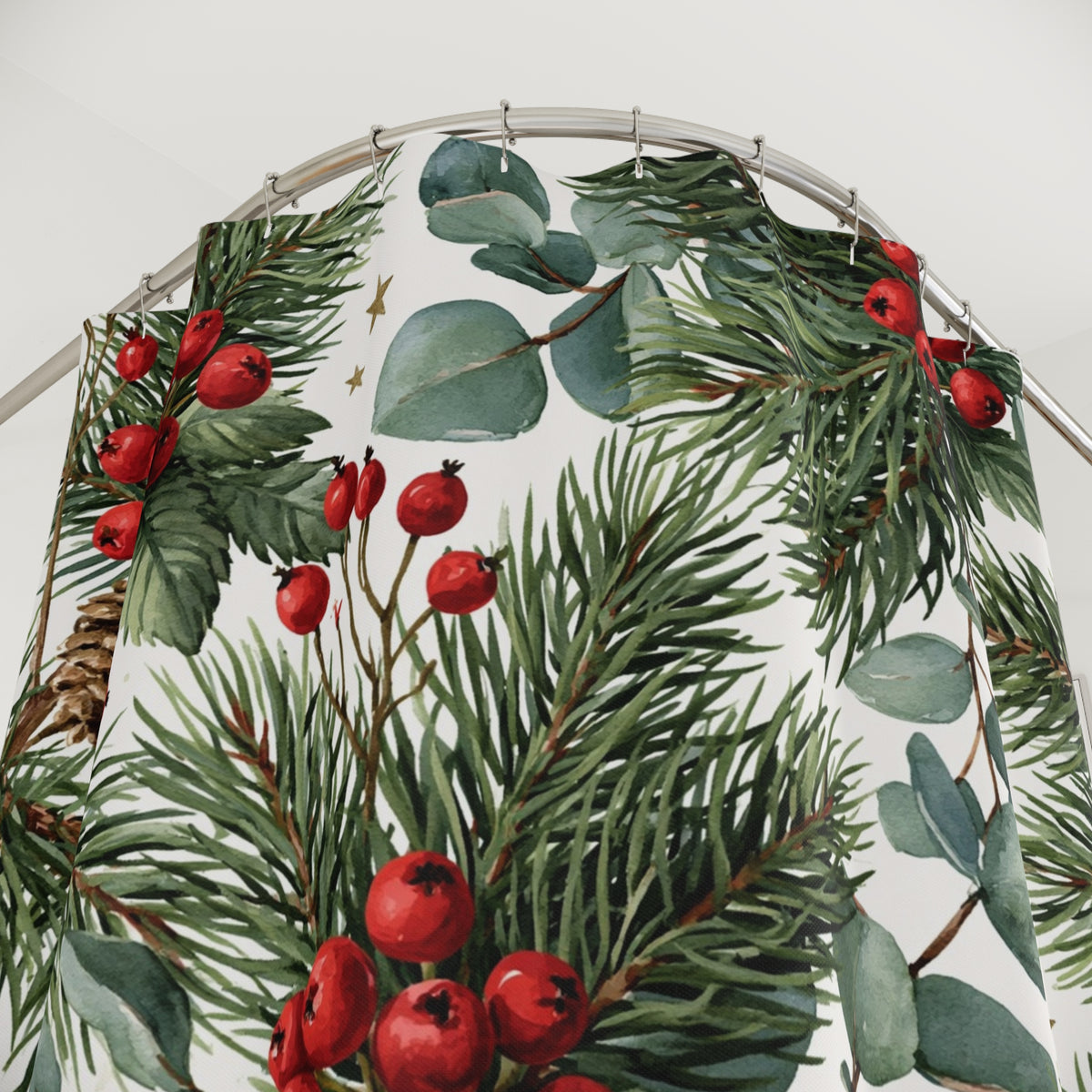 Red Holly Berry Eucalyptus Shower Curtain, Bath Curtain 71x74
