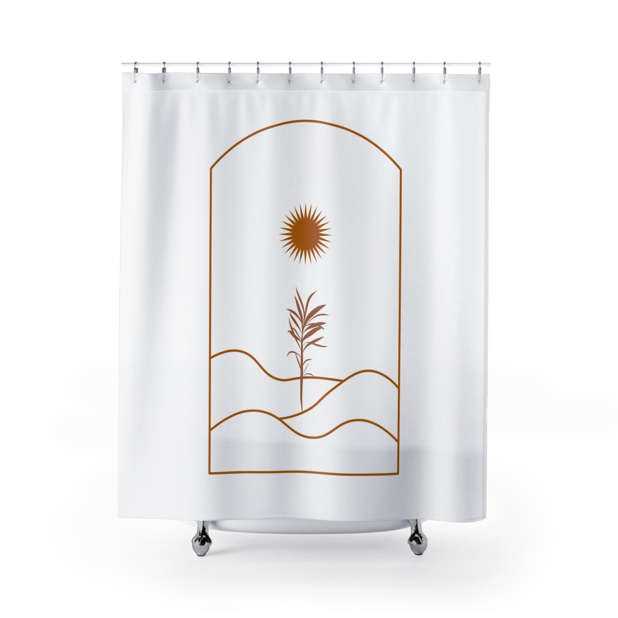 Boho Shower Curtain | White, Terracotta Sun, Abstract