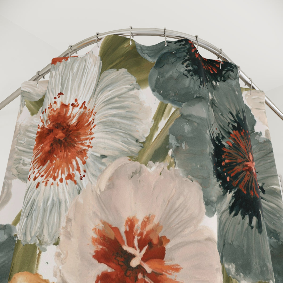 Rust Teal Daisy Floral Shower Curtain, Bath Curtain 71x74