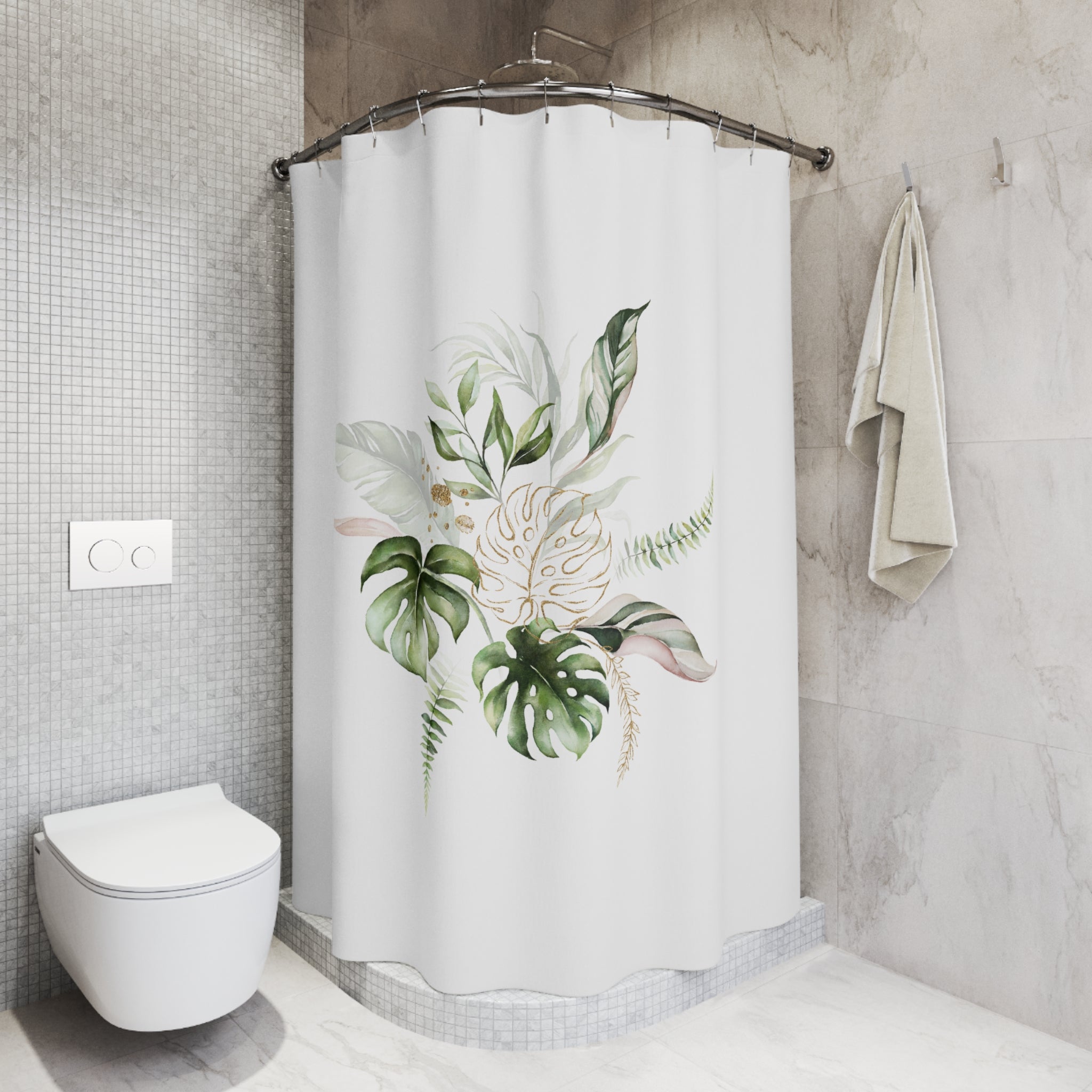 Boho Shower Curtain | White Green Monstera Tropical Leaves