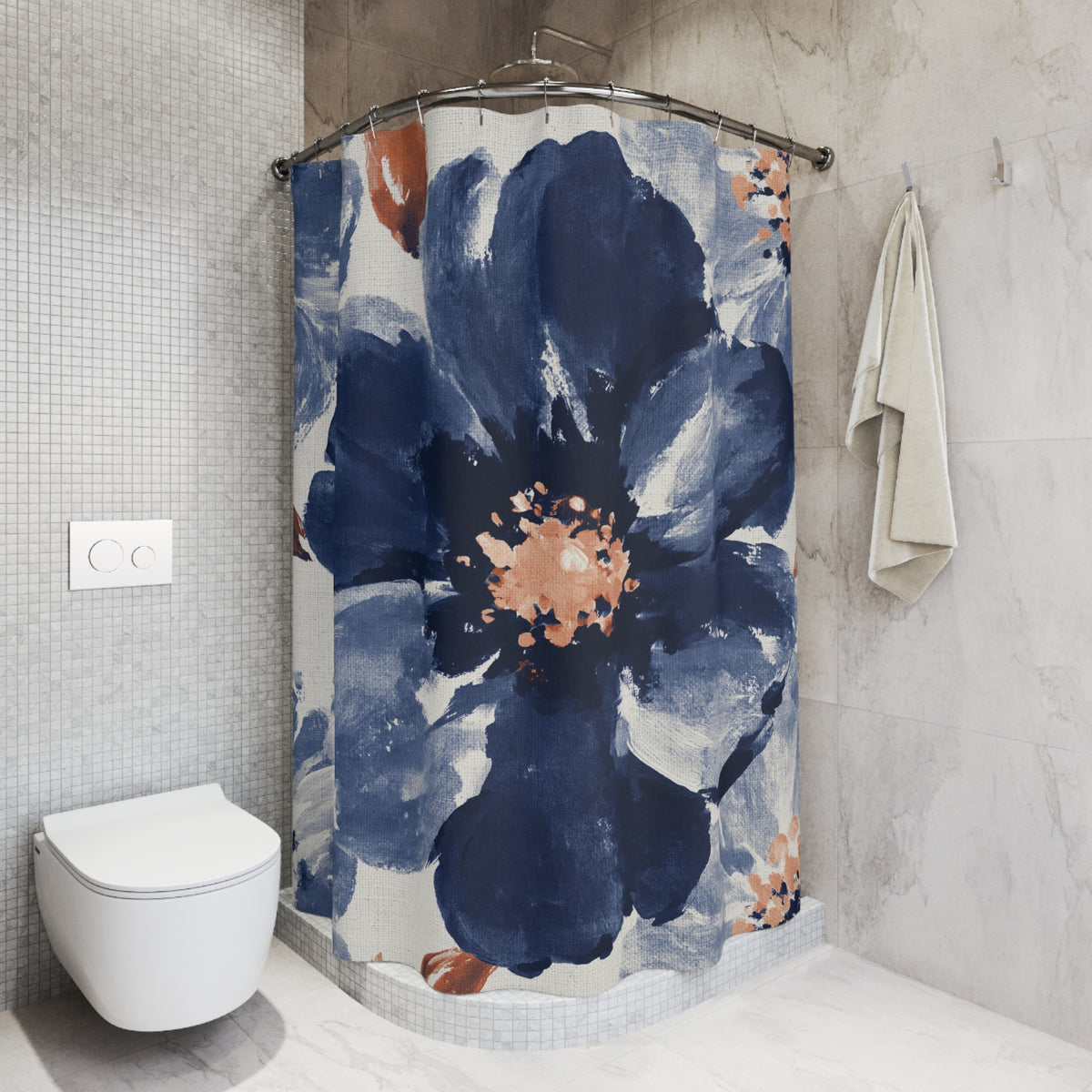 Navy Terracotta Watercolor Poppy Shower Curtain, Bath Curtain 71x74