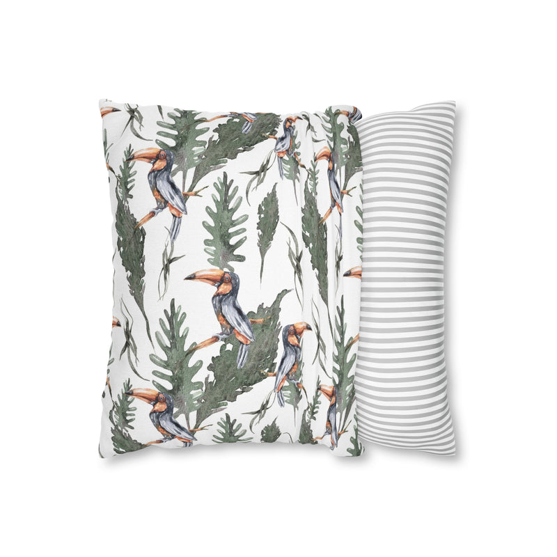 Tropical Tucan Floral Pillow Cover | White Sage Green Jungle Leaves