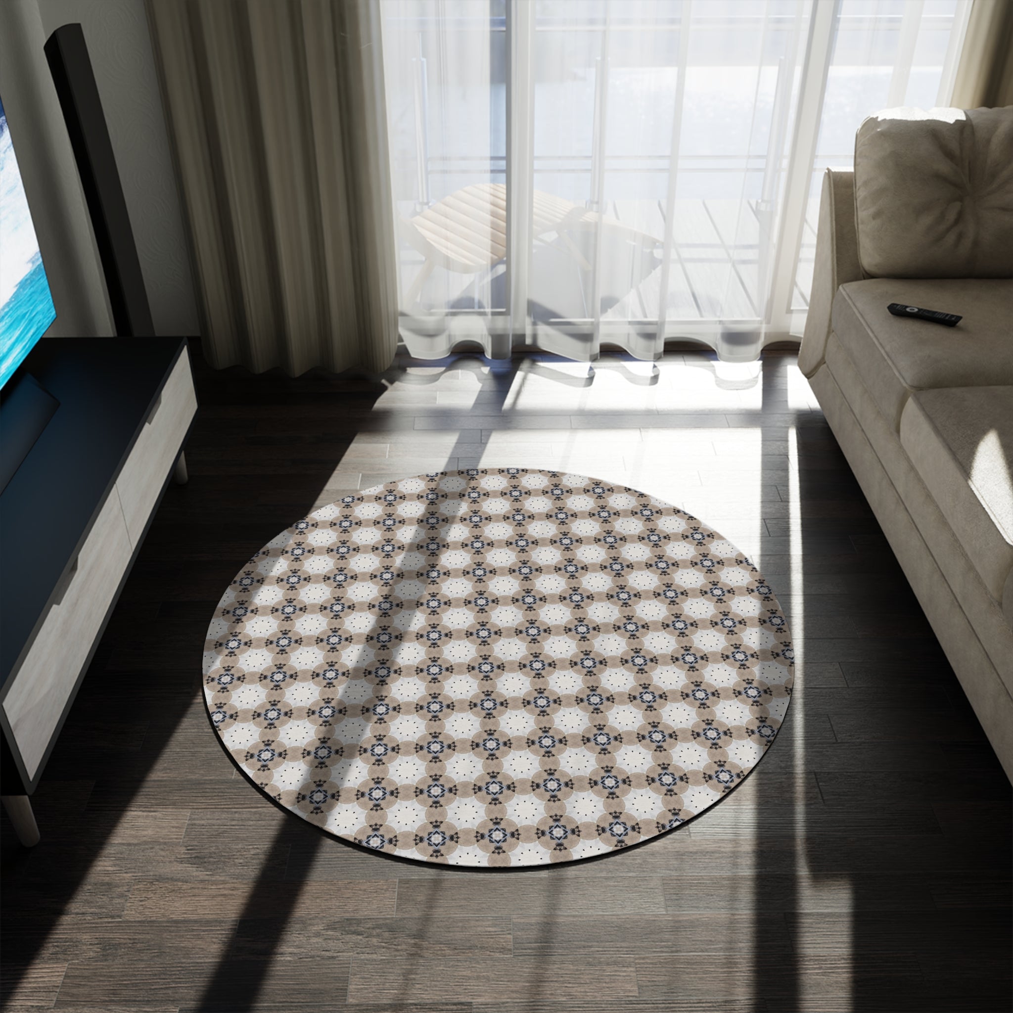 Boho Round Area Rug | Mandala Beige Blue, Grey Black