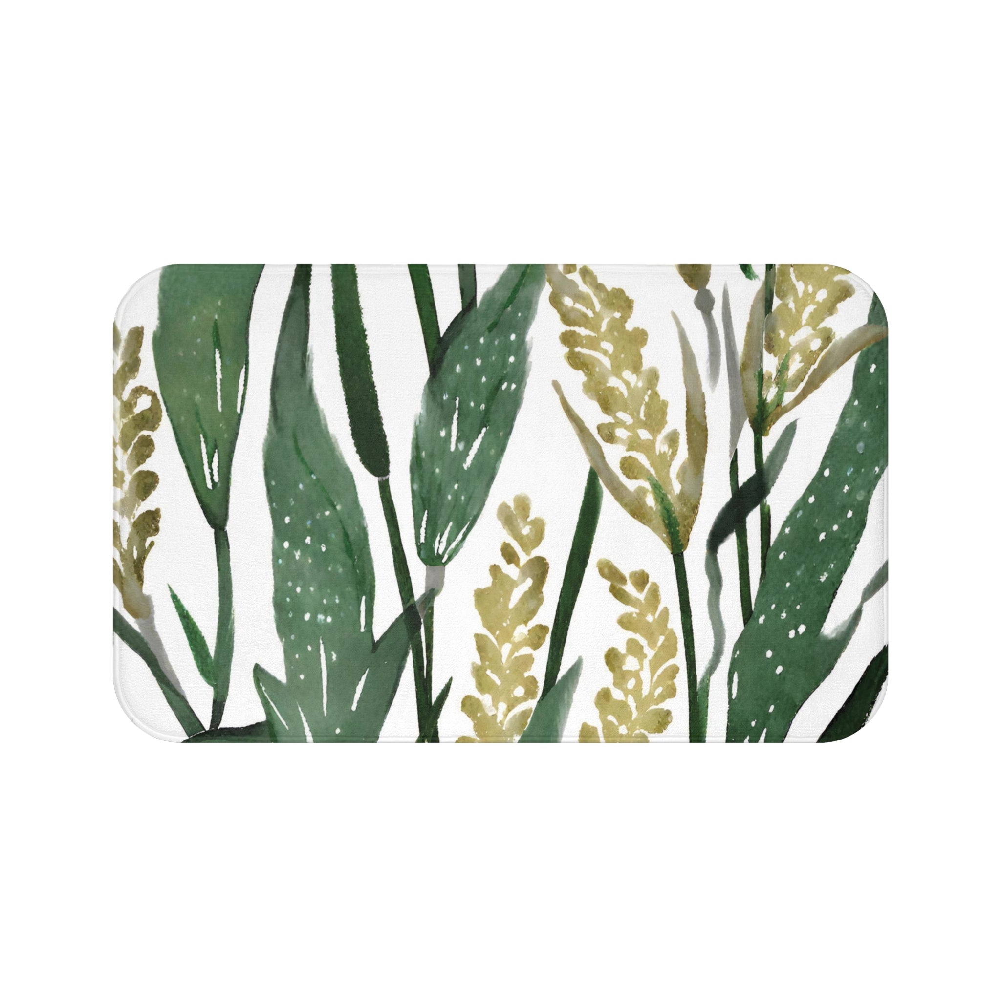 Boho Floral Bath, Kitchen Floor Mat | Sage Green, White Leaves