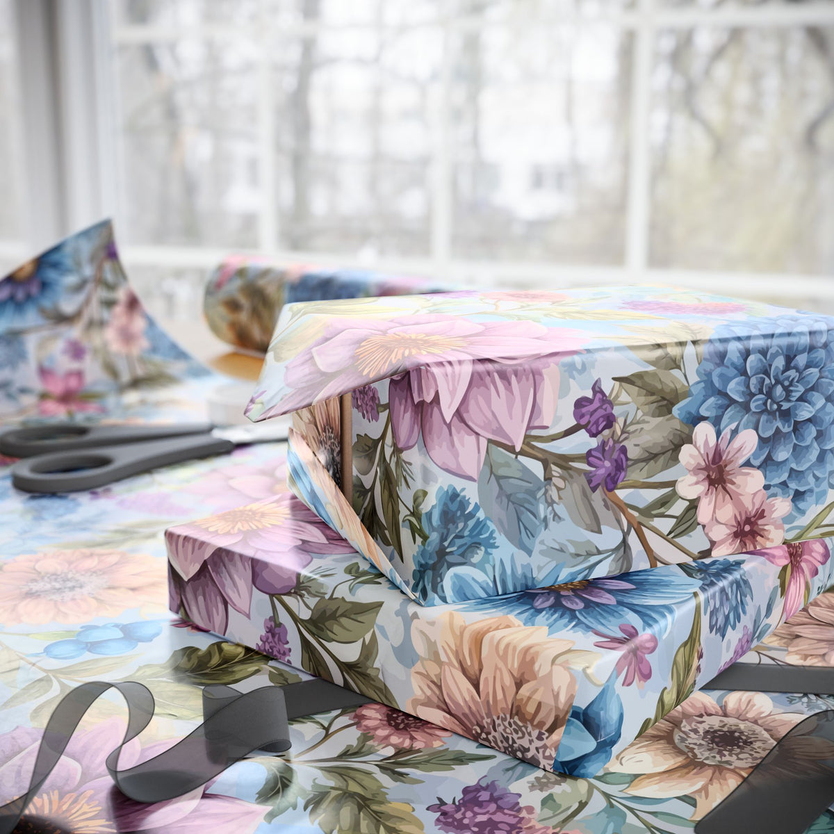 Pink Blue Chintz Floral Wrapping Paper, Vintage Gift Wrap