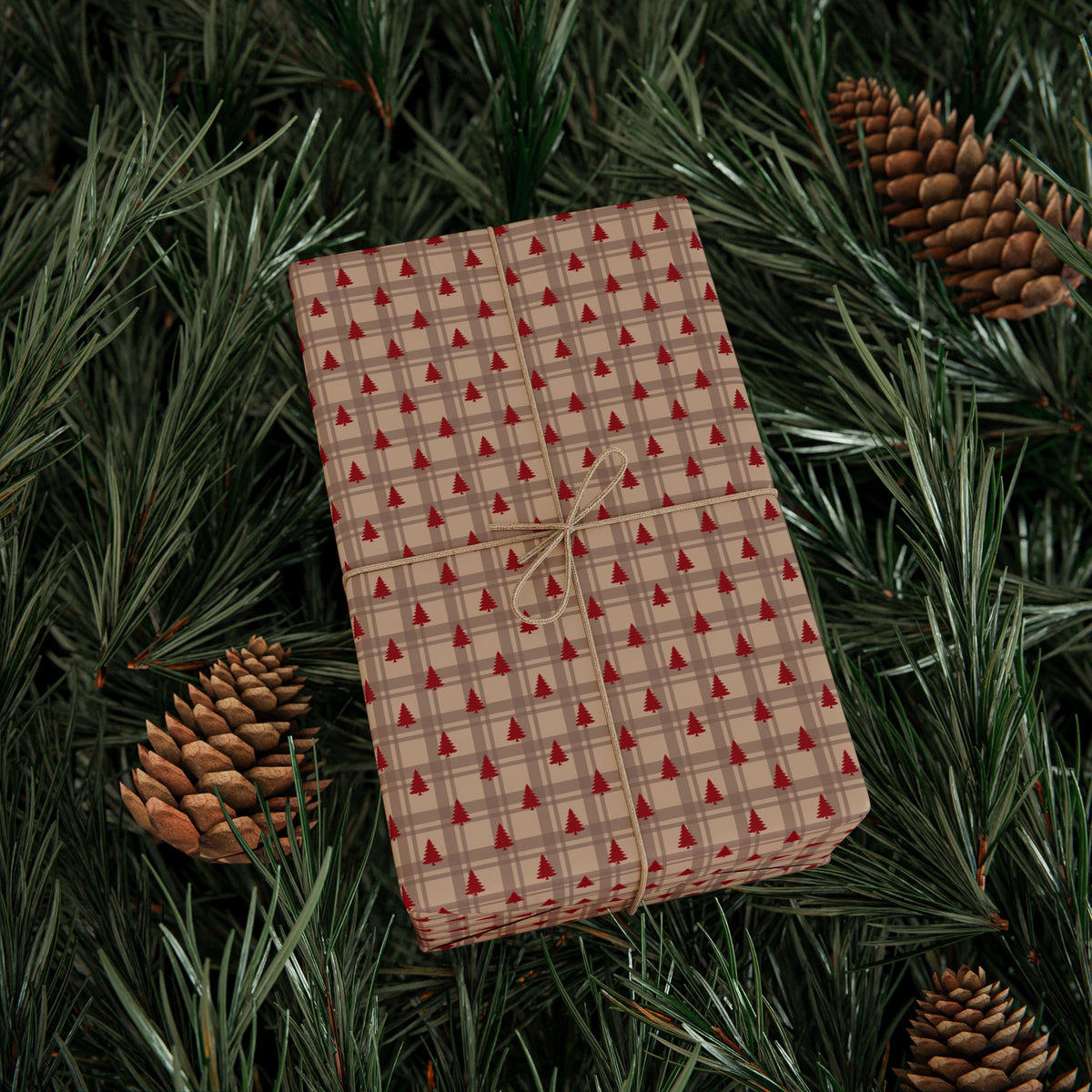 Red Tree Plaid Christmas Wrapping Paper, Holiday Gift Wrap