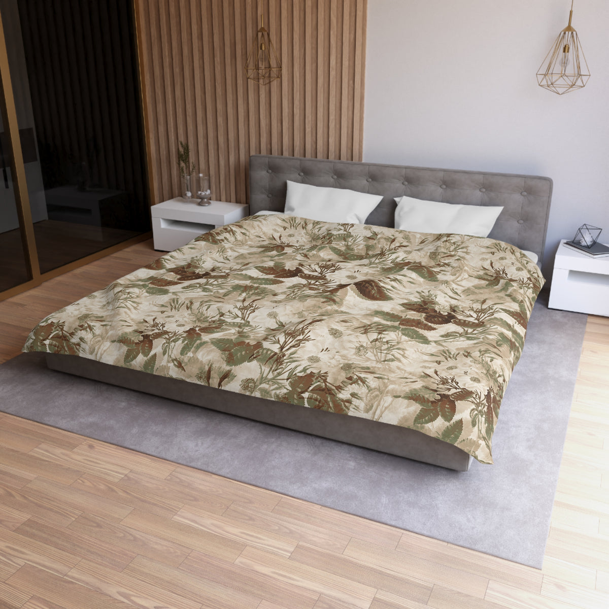 a modern bedroom with a large bed, a gray headboard, and a wooden wall. The bed is covered in a floral print comforter, and there are two white pillows on the bed. The room has a wooden floor and a gray area rug.