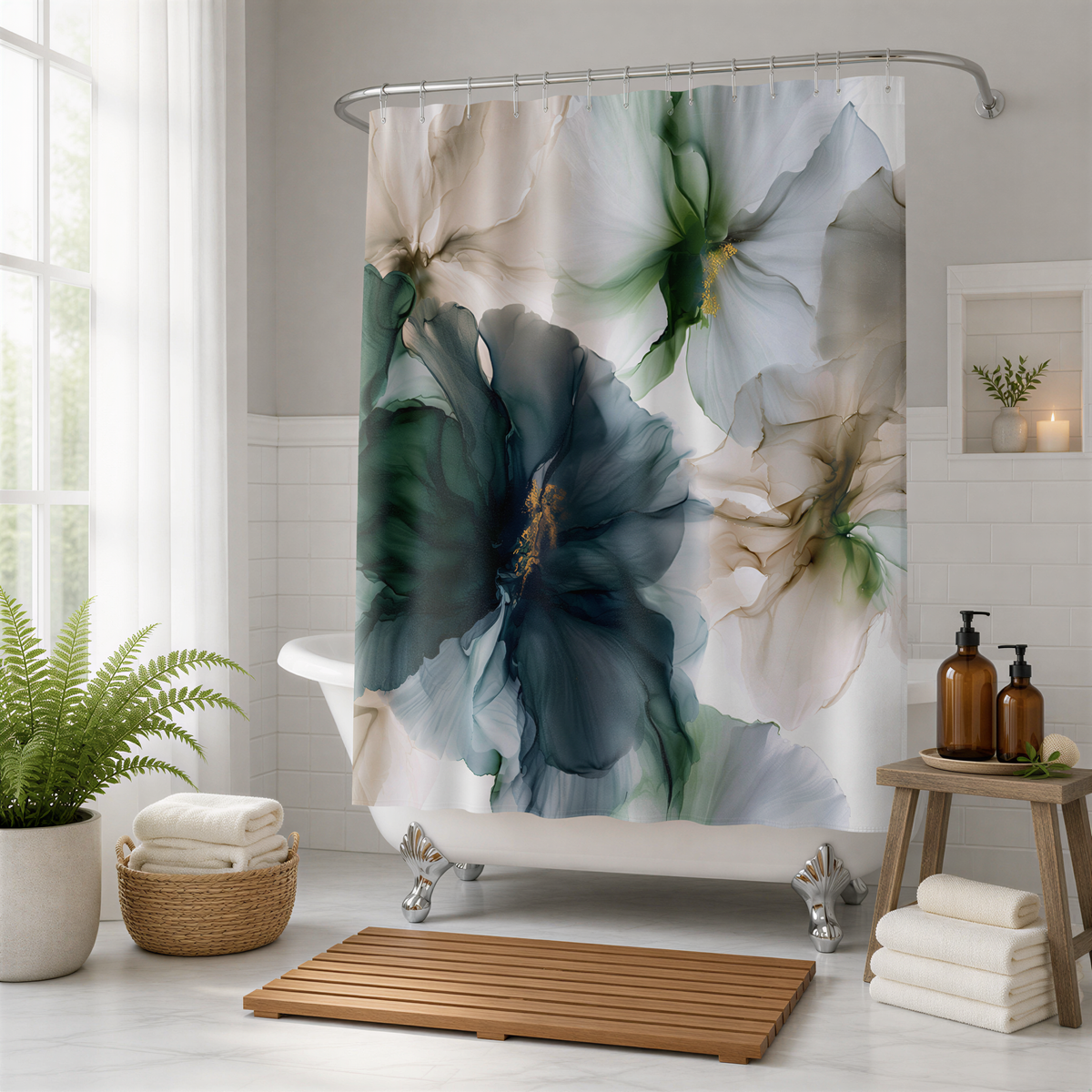 a bath room with a bath tub and a flower shower curtain