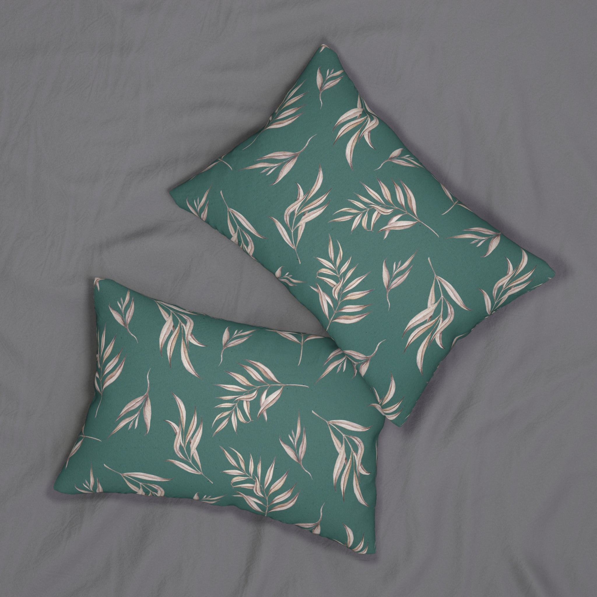 Floral Lumbar Pillow | Teal Green Beige Leaves