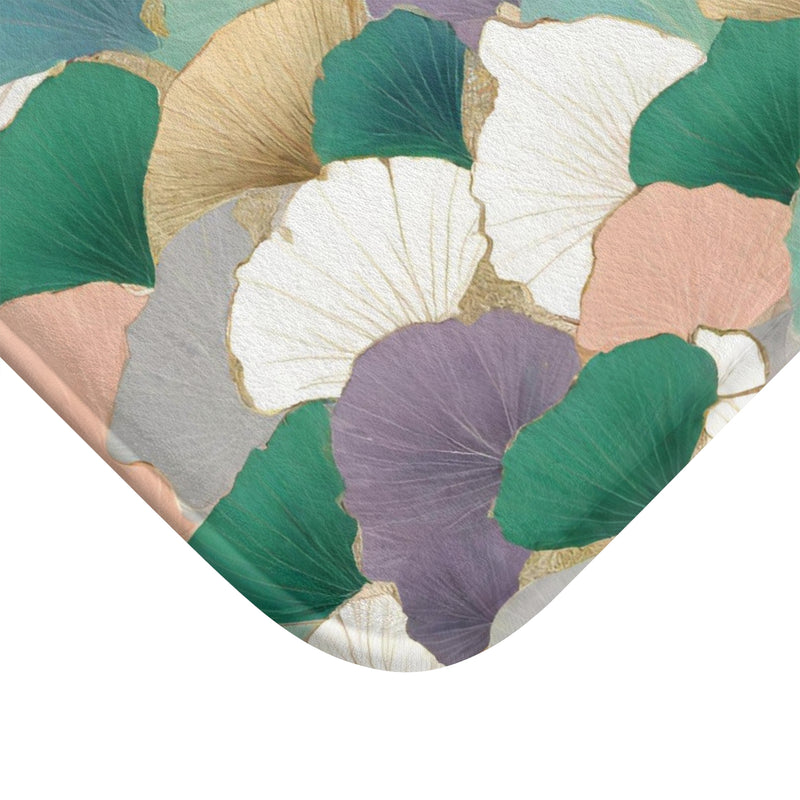 Boho Floral Bath, Kitchen Floor Mat | Teal Green Pink Gingko Leaves