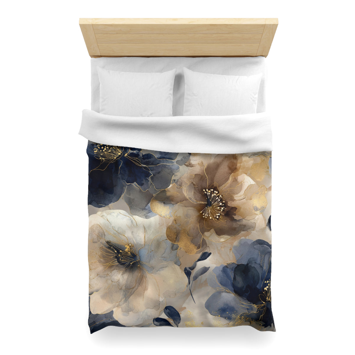 a bed with a floral print duvet cover featuring a combination of blue, white, and brown colors.