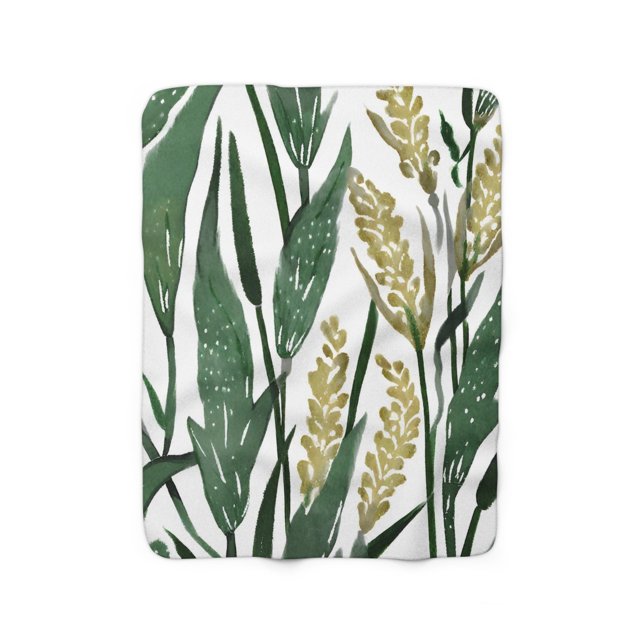 Cozy Comfy, Floral Blanket | Sage Green, White Leaves