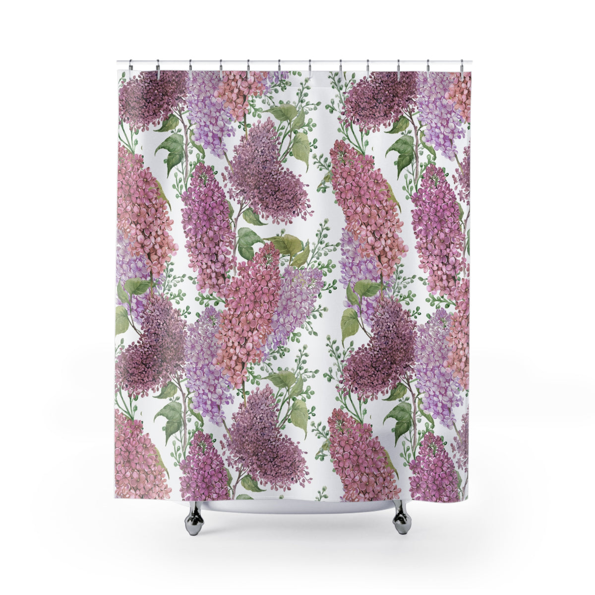 a shower curtain with a repeating pattern of purple and green flowers, creating a visually appealing and vibrant design.