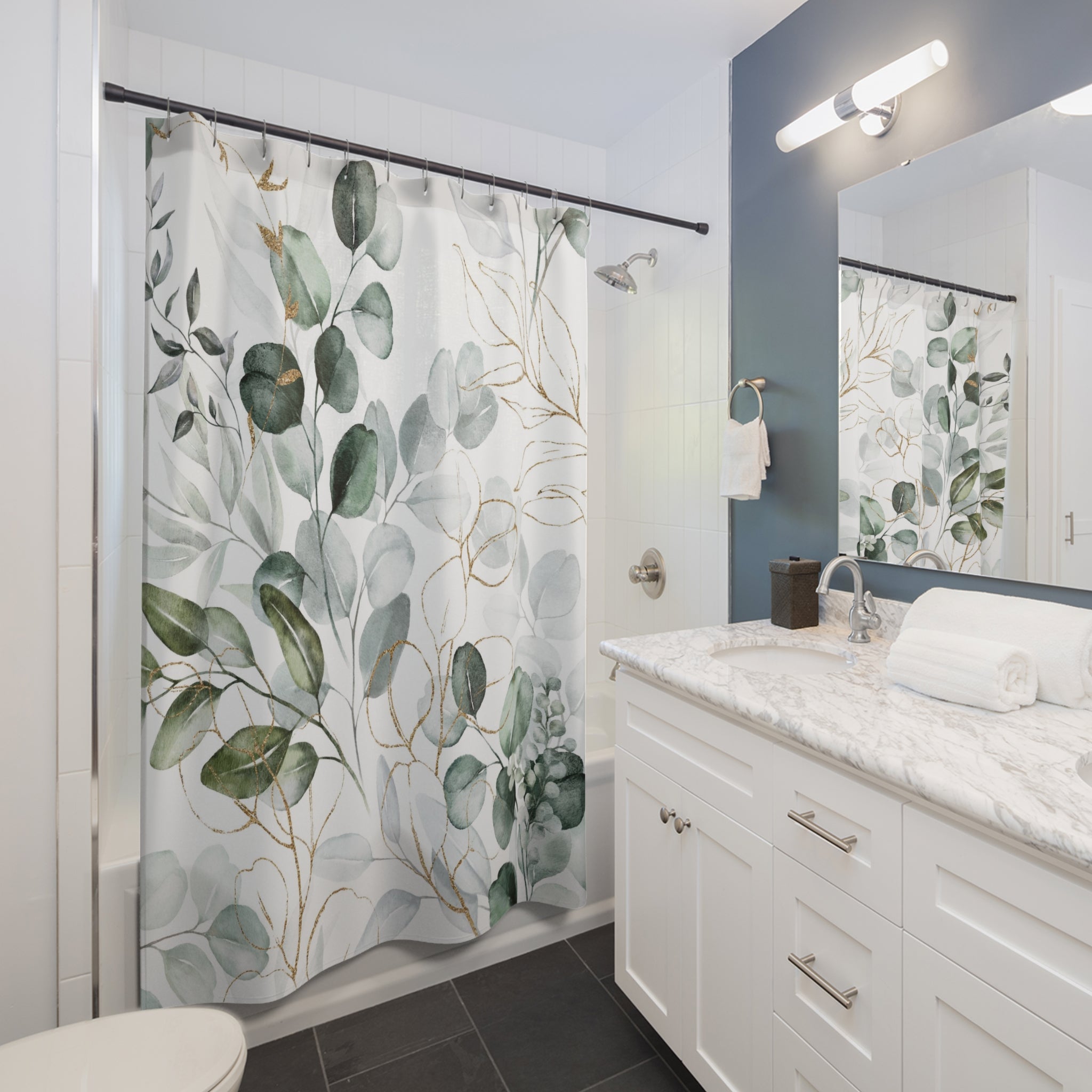 Sage Green White, Eucalyptus Leaves, Botanical Shower Curtain