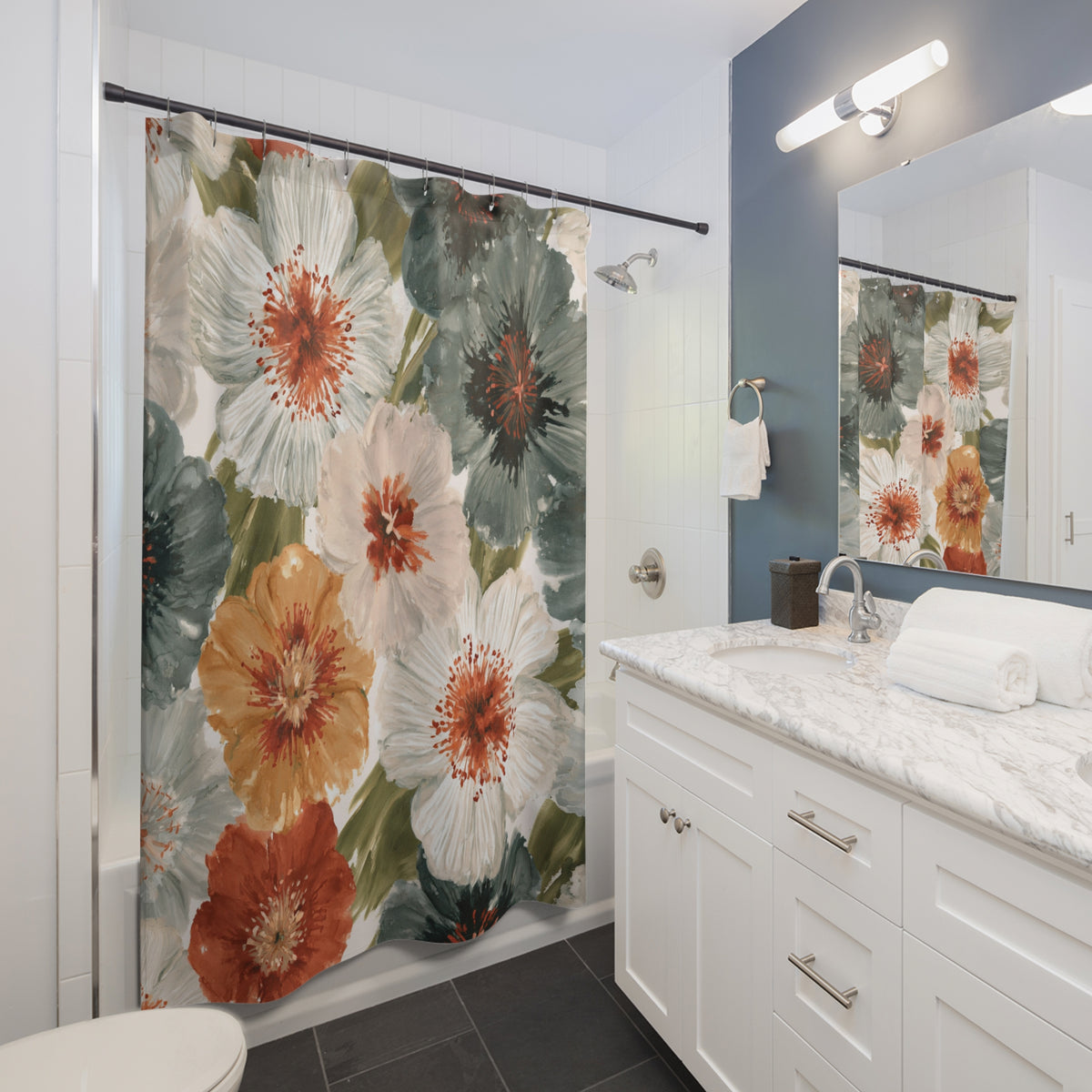 Rust Teal Daisy Floral Shower Curtain, Bath Curtain 71x74