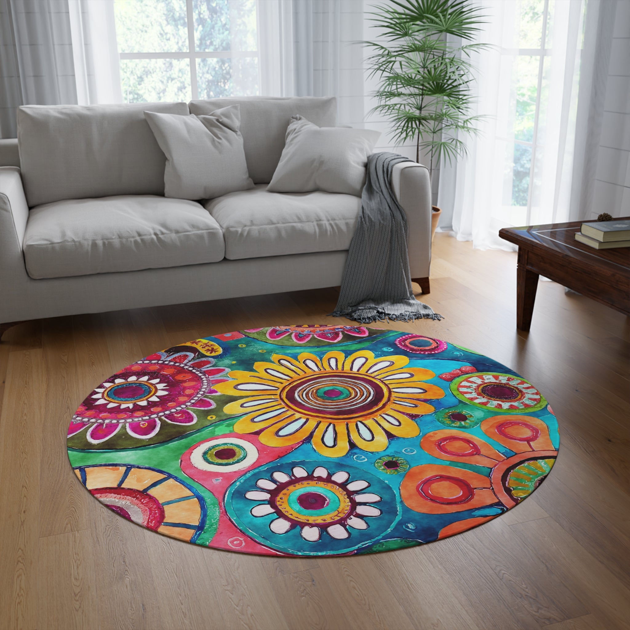 Colorful Funky Round Area Rug | Wildflowers, Yellow Pink blue