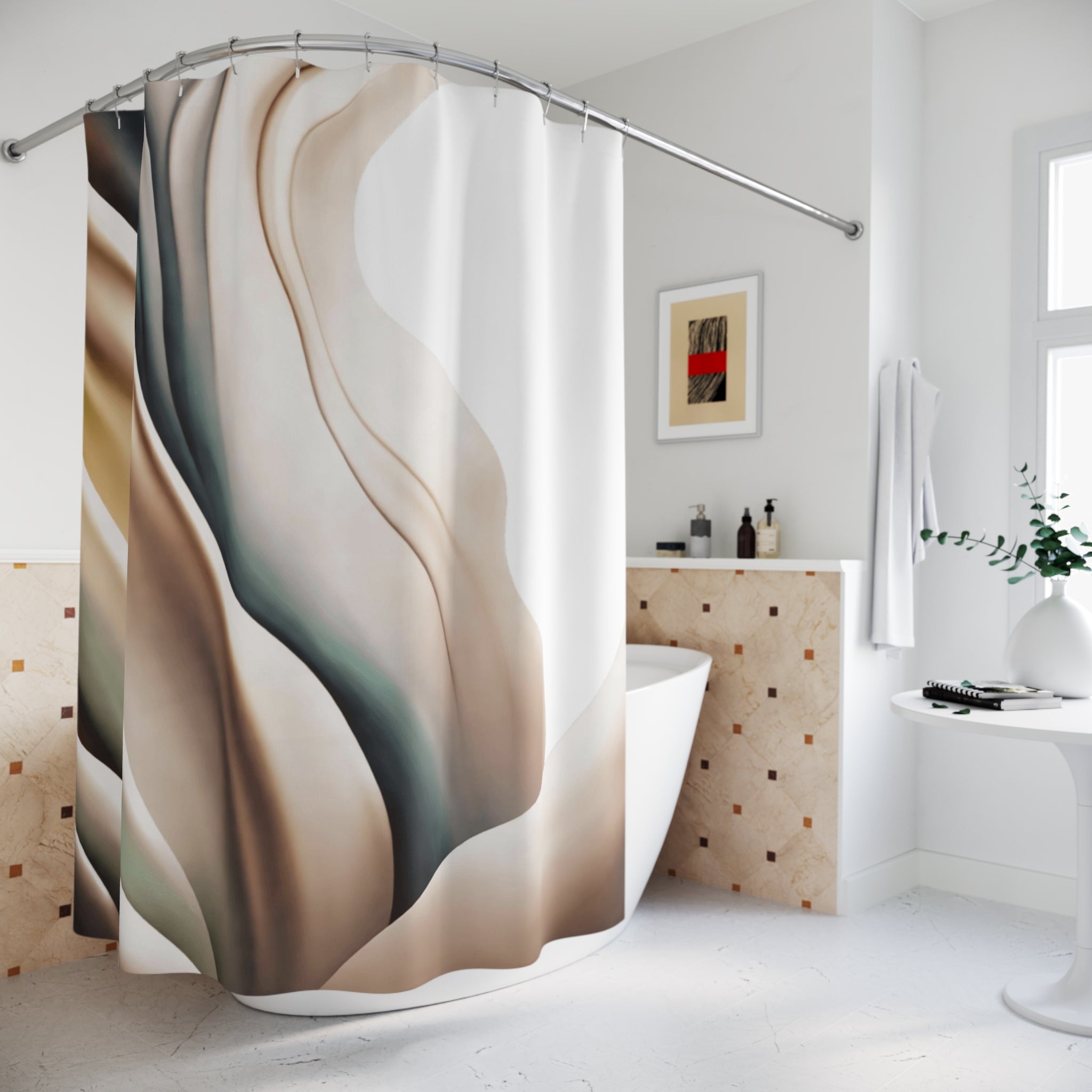 Boho Shower Curtain, Bath Mat | Beige White Bathroom Set