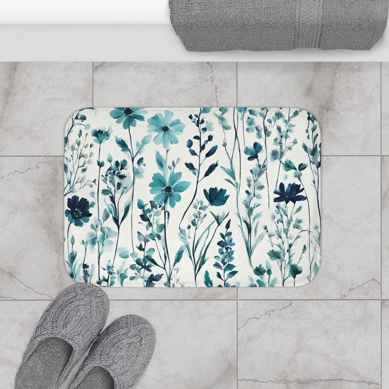 Floral Bath Mat, Kitchen Mat | Teal Green, Blue Wildflowers