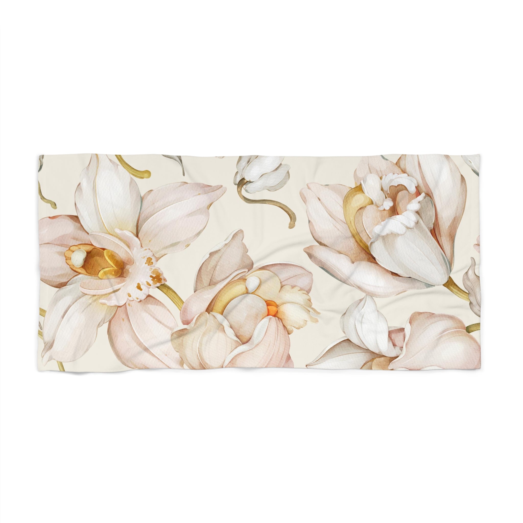 Floral Boho Bath Beach Towel | Orchids Blush Beige Pink Ivory