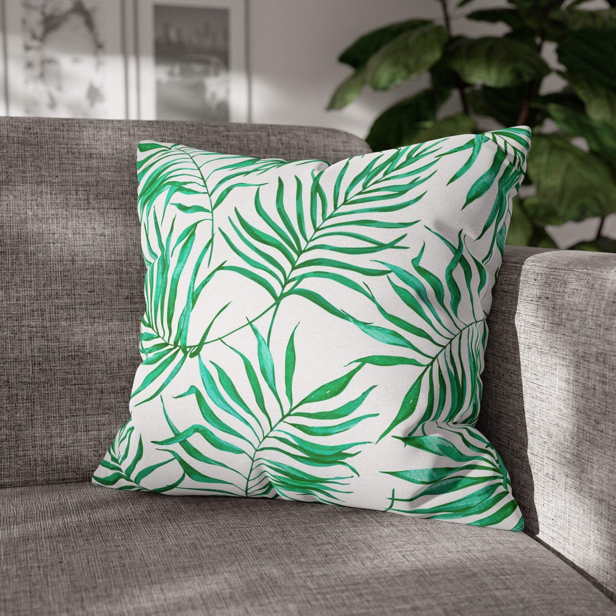 Floral Pillow Cover | Tropical Green Palm Leaves, White