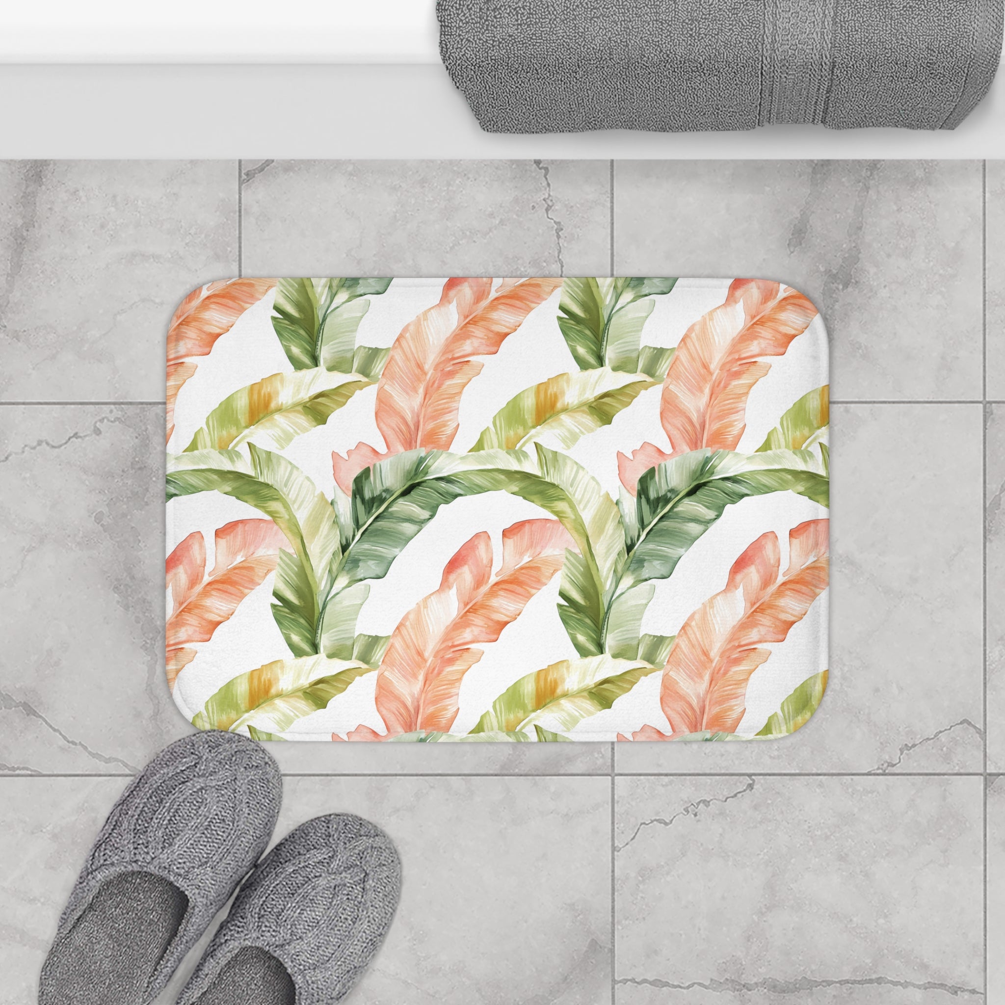 Tropical Floral Bath Mat | Jungle Palm Leaves Blush Green Kitchen Mat
