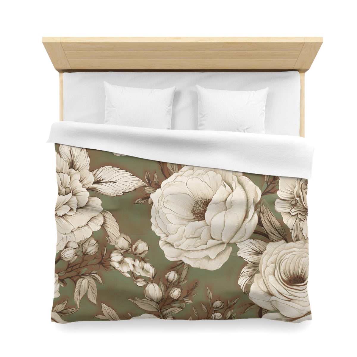 a bed with a floral print bedspread featuring white and brown flowers and leaves.