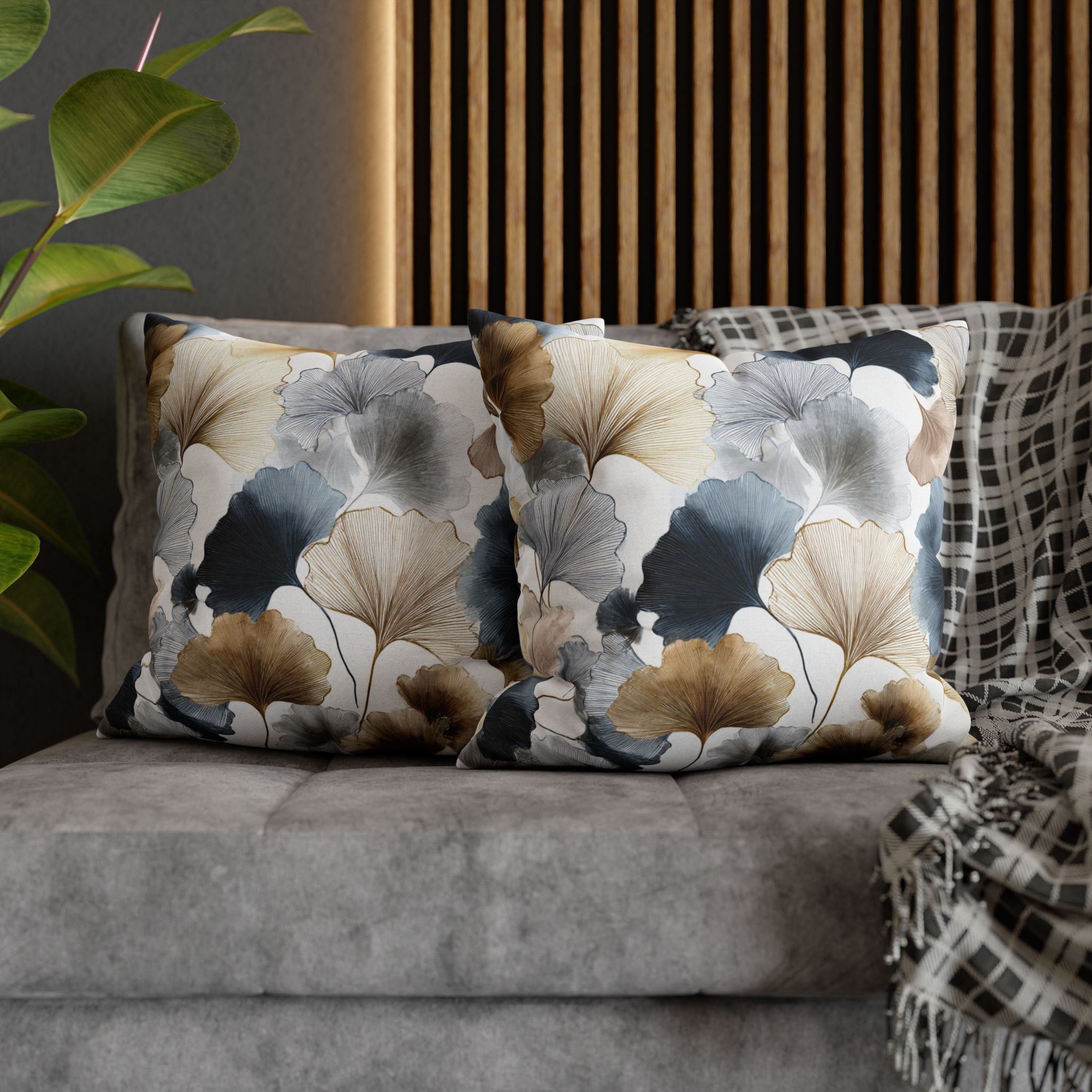 Floral Pillow Cover | Gingko Leaves, Blue Beige White Pillowcase