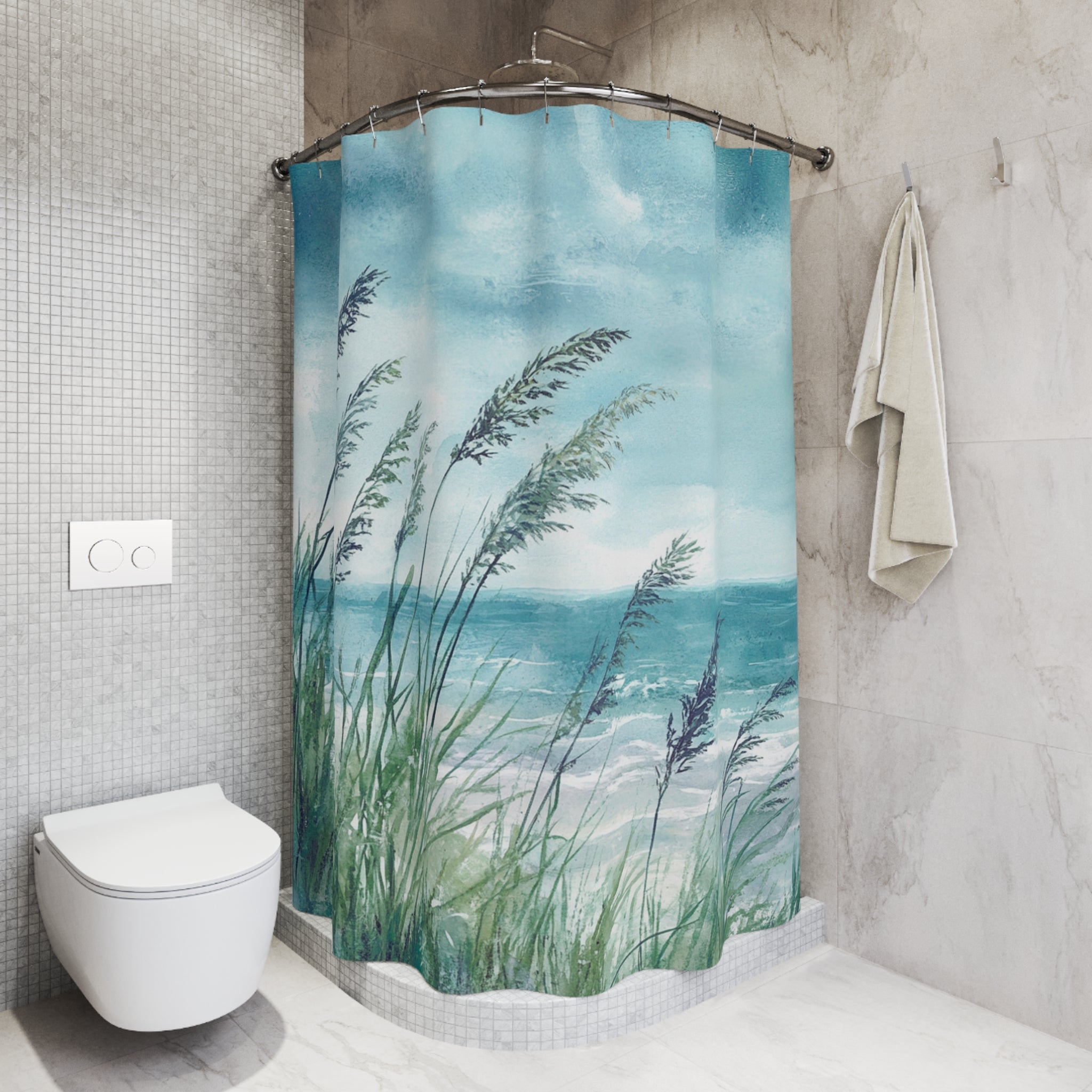 Boho Shower Curtain | Blue Sky Ocean, Green Wild Nature