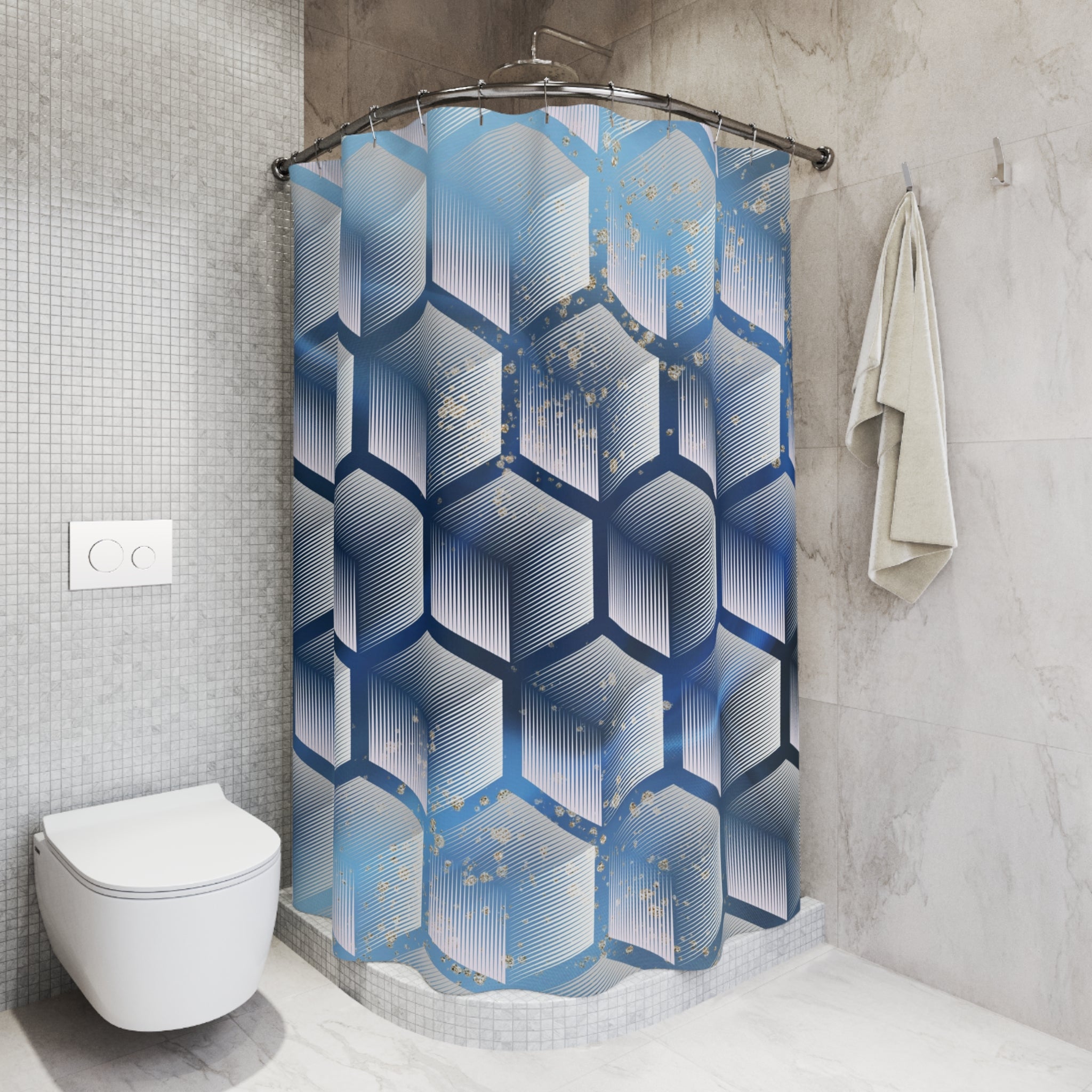 Sapphire Blue White Shower Curtain | Geometric Hexagons