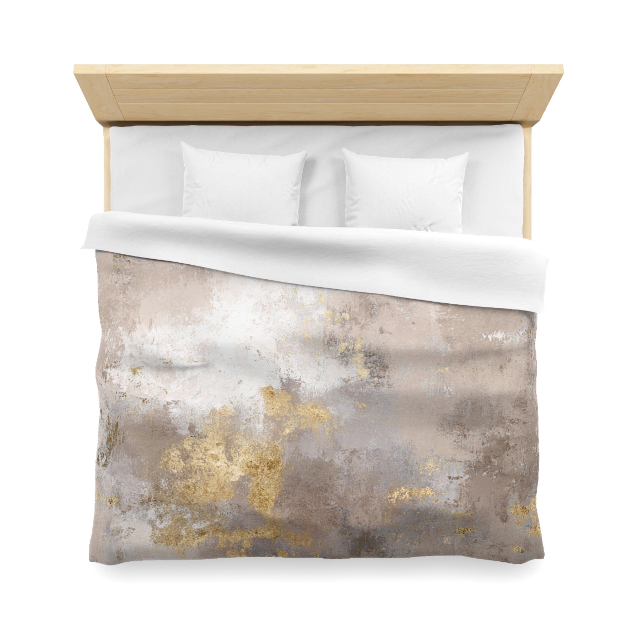 a bed with a wooden headboard and a white comforter with a textured, abstract design in shades of brown and beige.