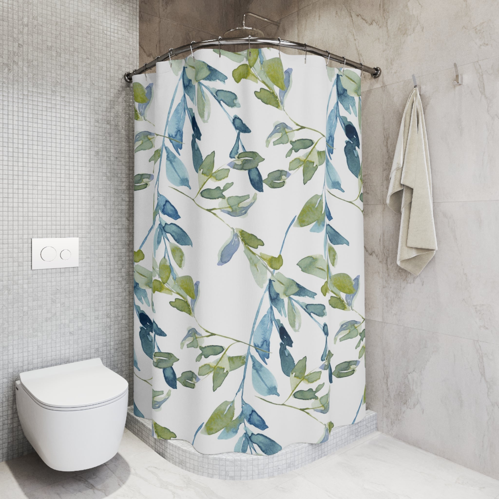 Boho Shower Curtain | Abstract Leaves, Blue Green