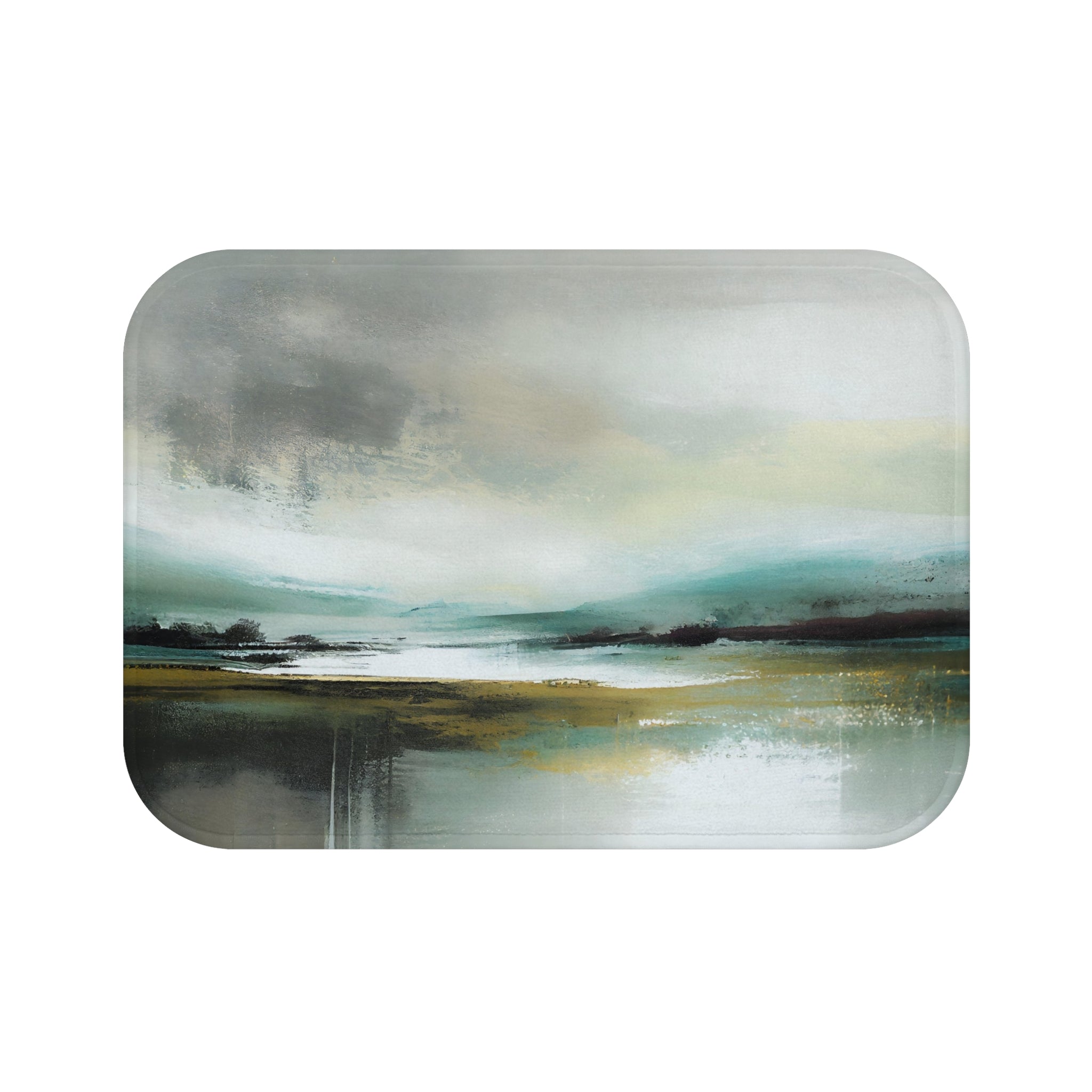 Boho Kitchen, Bath Mat | Abstract Landscape, Grey Teal Green