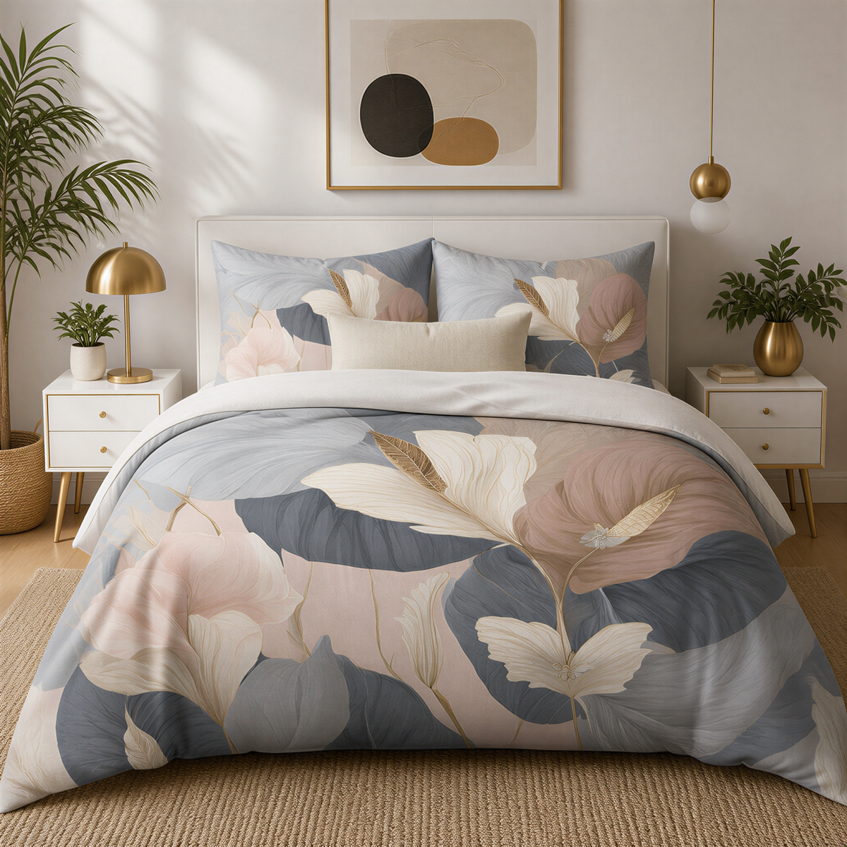 a bedroom with a large bed adorned with a floral print comforter and pillows. The bed is framed by white nightstands and has a gold lamp on each side. The room also features a painting on the wall and potted plants, creating a cozy and inviting atmosphere.