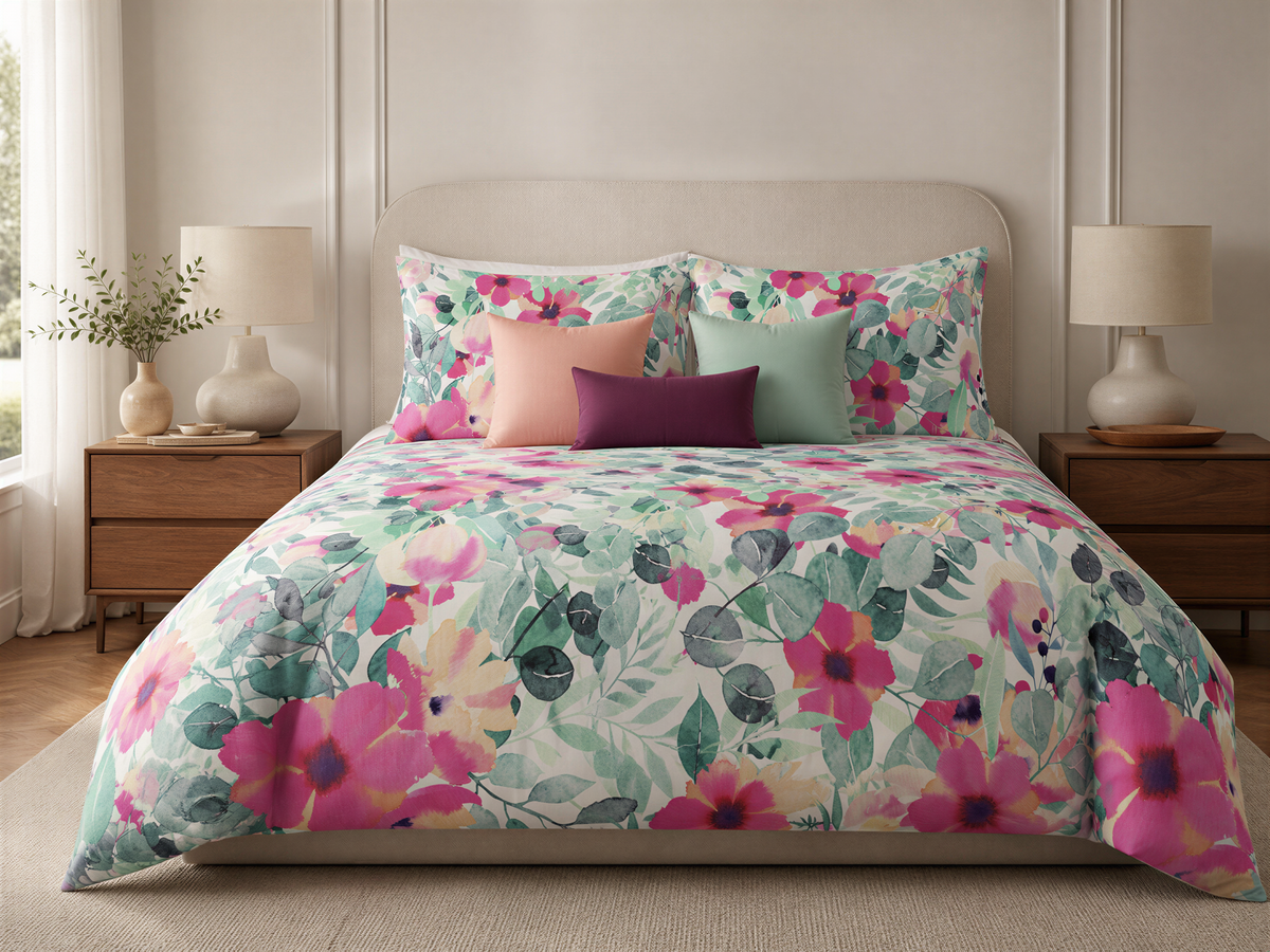 a bedroom with a floral-patterned bedspread and pillows, flanked by two nightstands with lamps.
