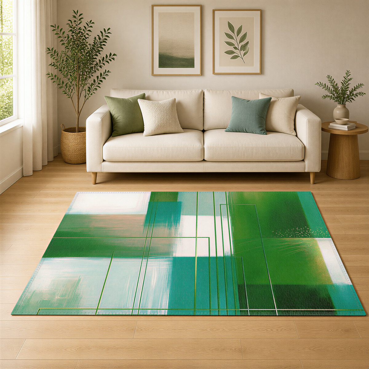 a living room with a white sofa, a large abstract rug, and two potted plants. The room has a modern and minimalist design, with a large window providing natural light.