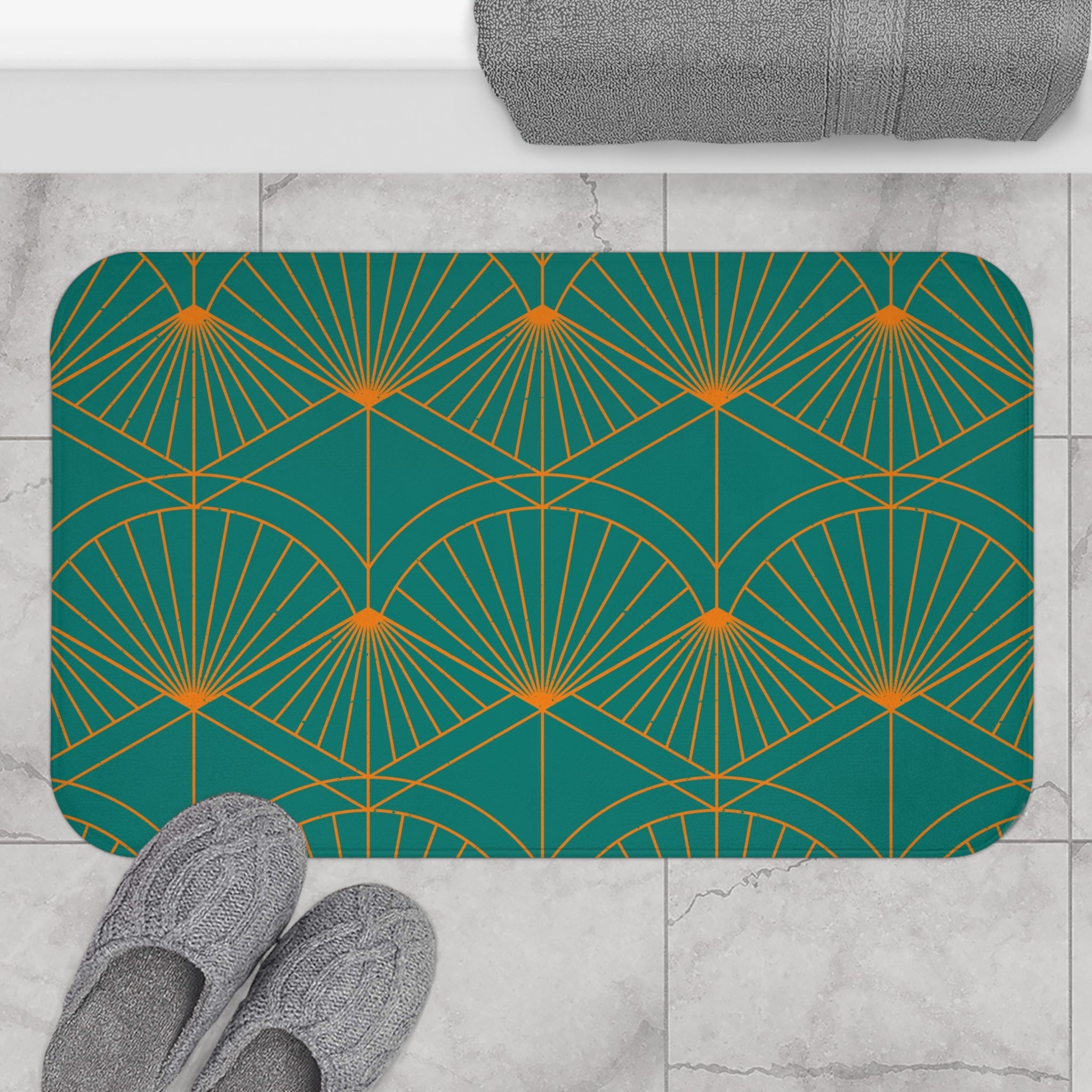 Art Deco Kitchen, Bath Mat | Teal Green, Orange Fan