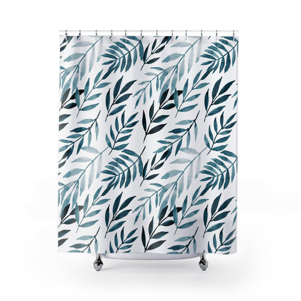 Boho Shower Curtain | White Blue, Tropical Leaves