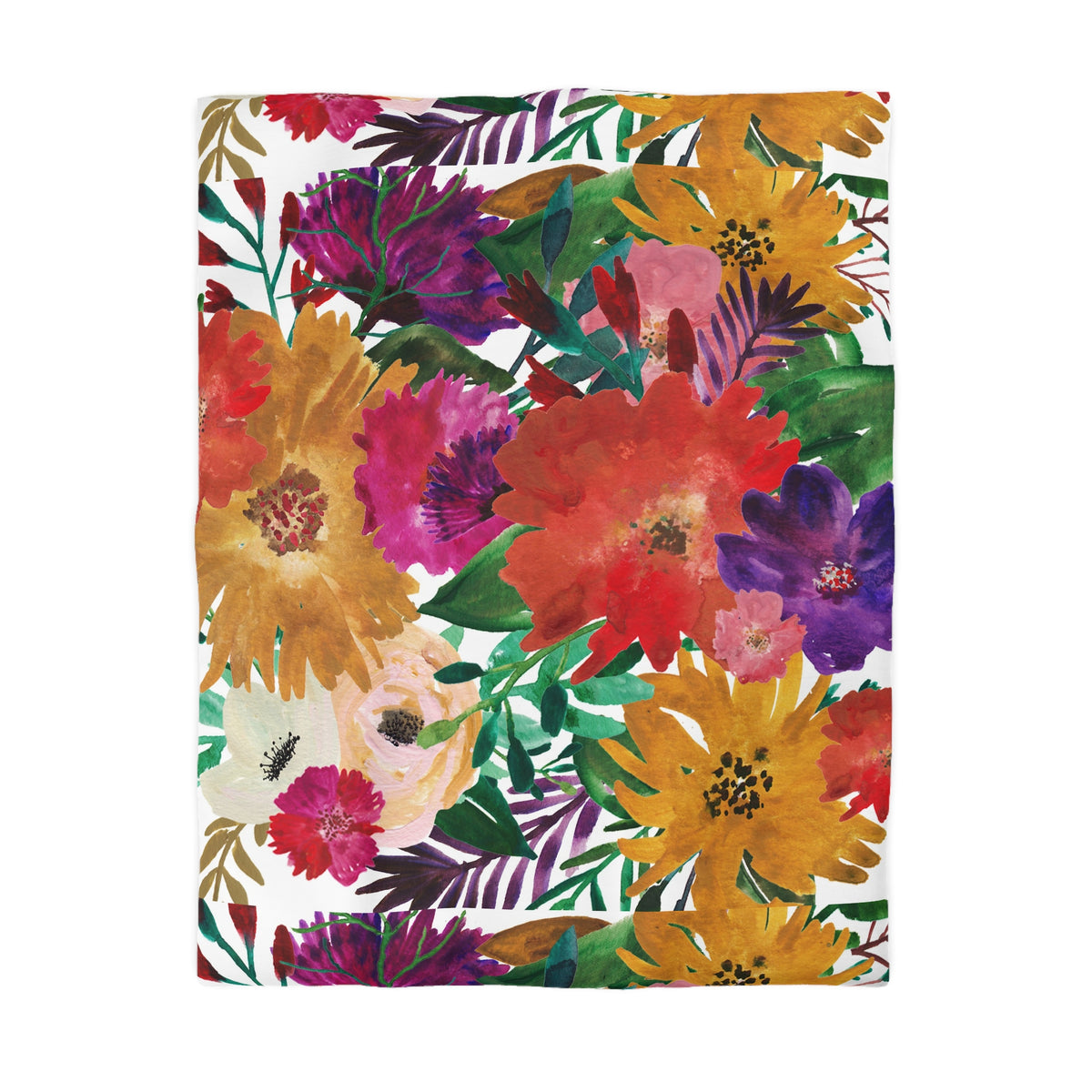 The image is a vibrant and colorful floral print featuring a variety of flowers and leaves in shades of red, orange, yellow, purple, and green.