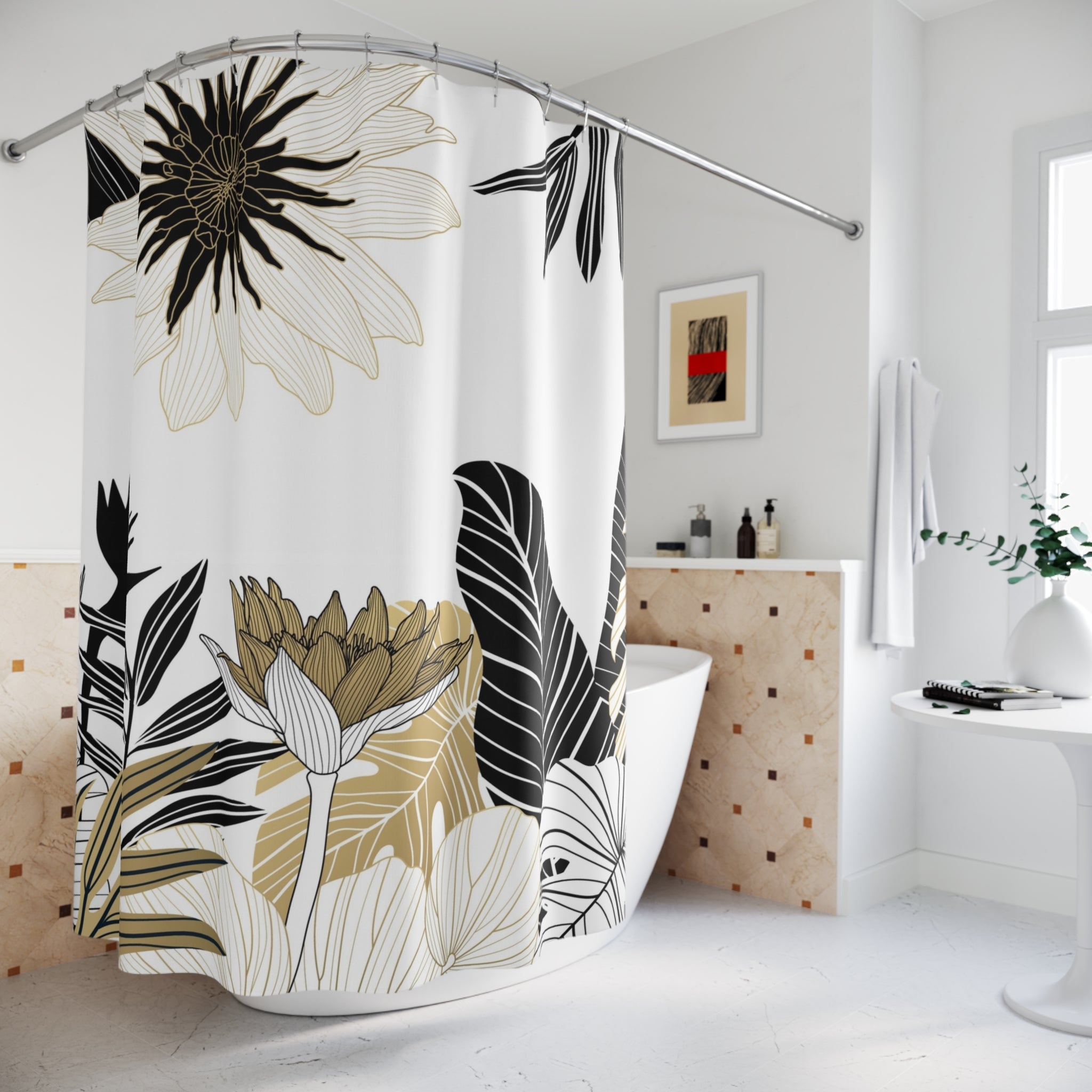 Abstract Floral Shower Curtain | White Black, Beige Jungle Leaves