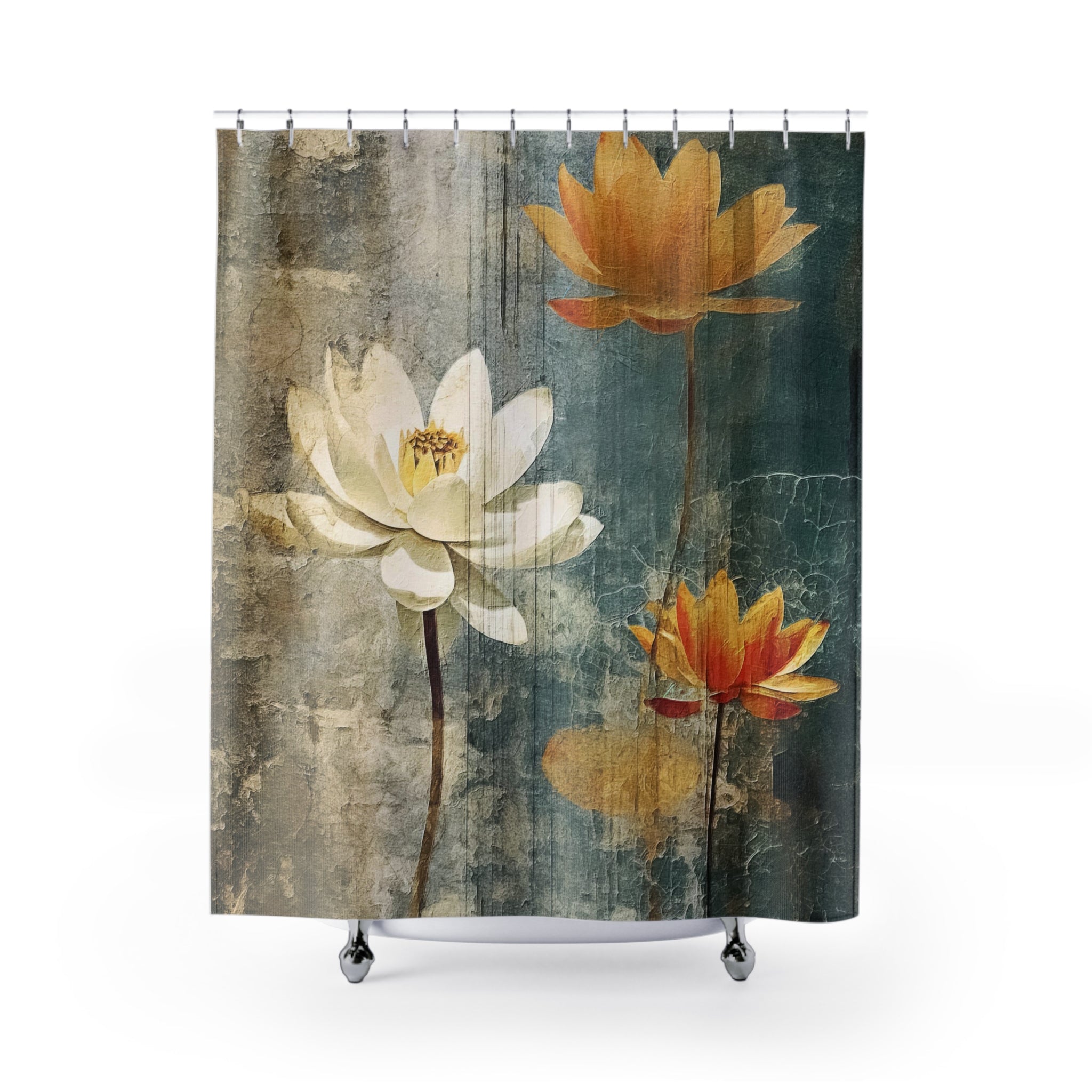 Rustic Vintage Shower Curtain | Navy Beige, Lotus Floral