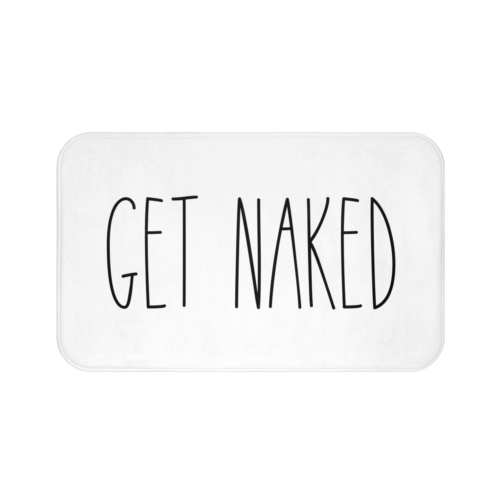 a black and white get naked bath mat