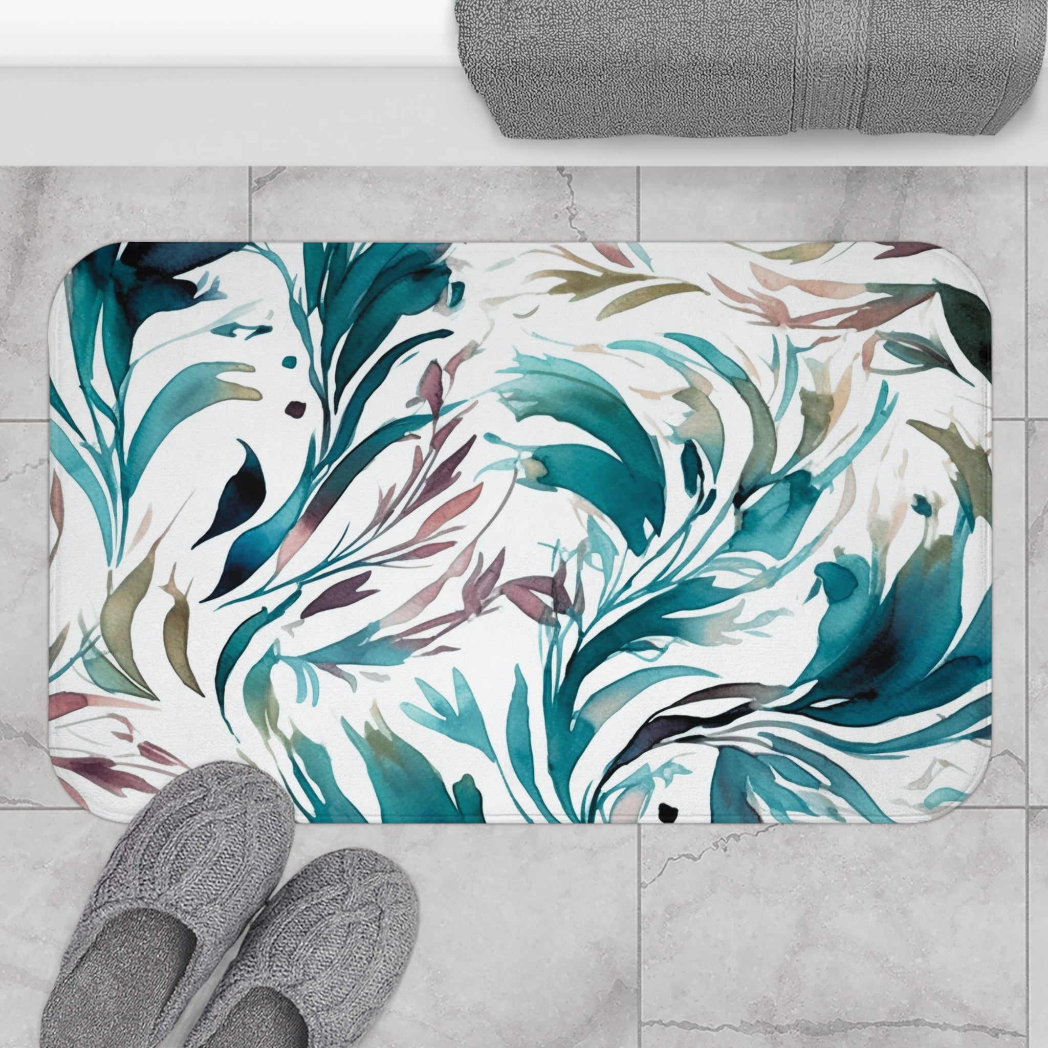 Abstract Bath, Kitchen Mat | Teal Green, White Colorful