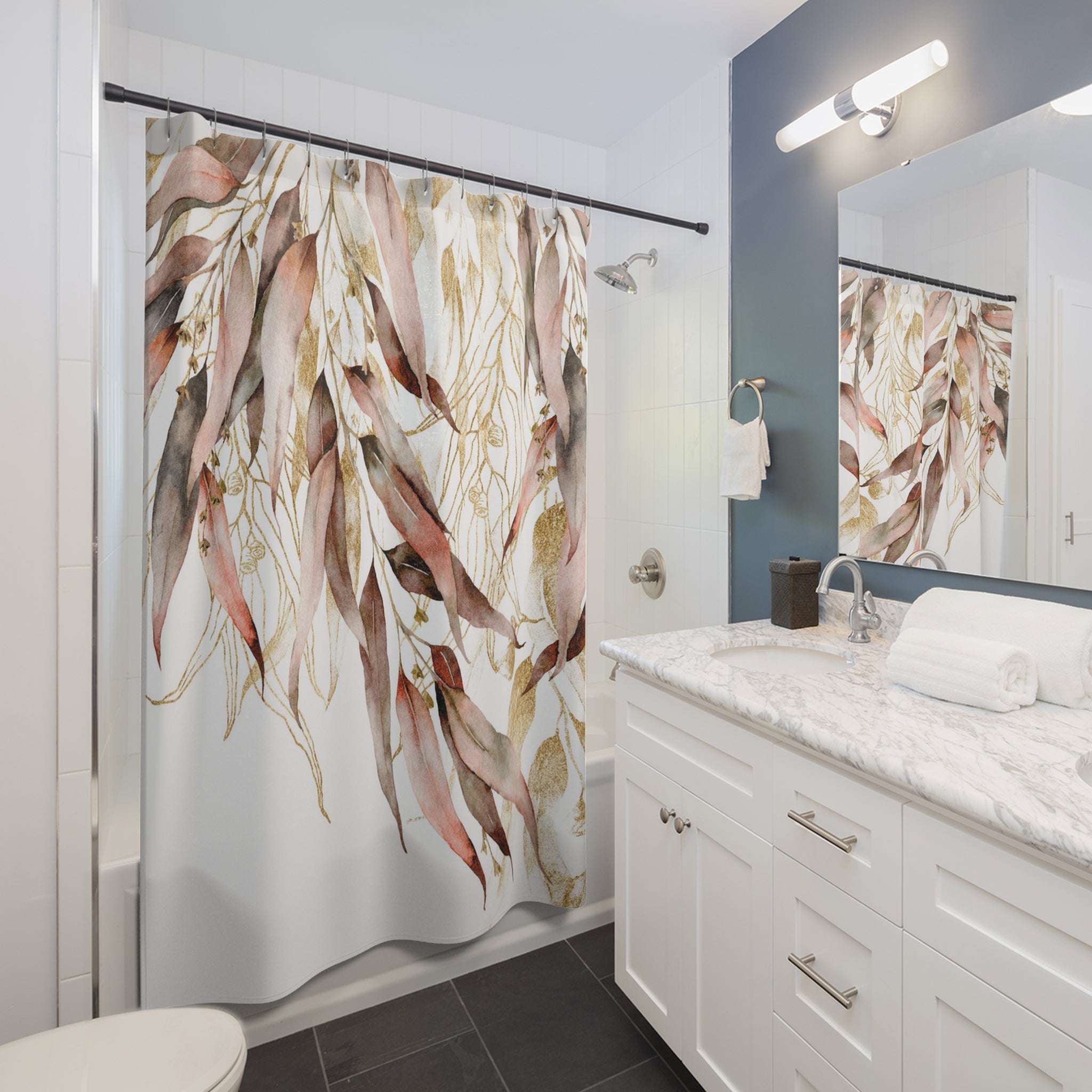 Boho Shower Curtain | Floral Leaves Watercolor Fabric Curtain