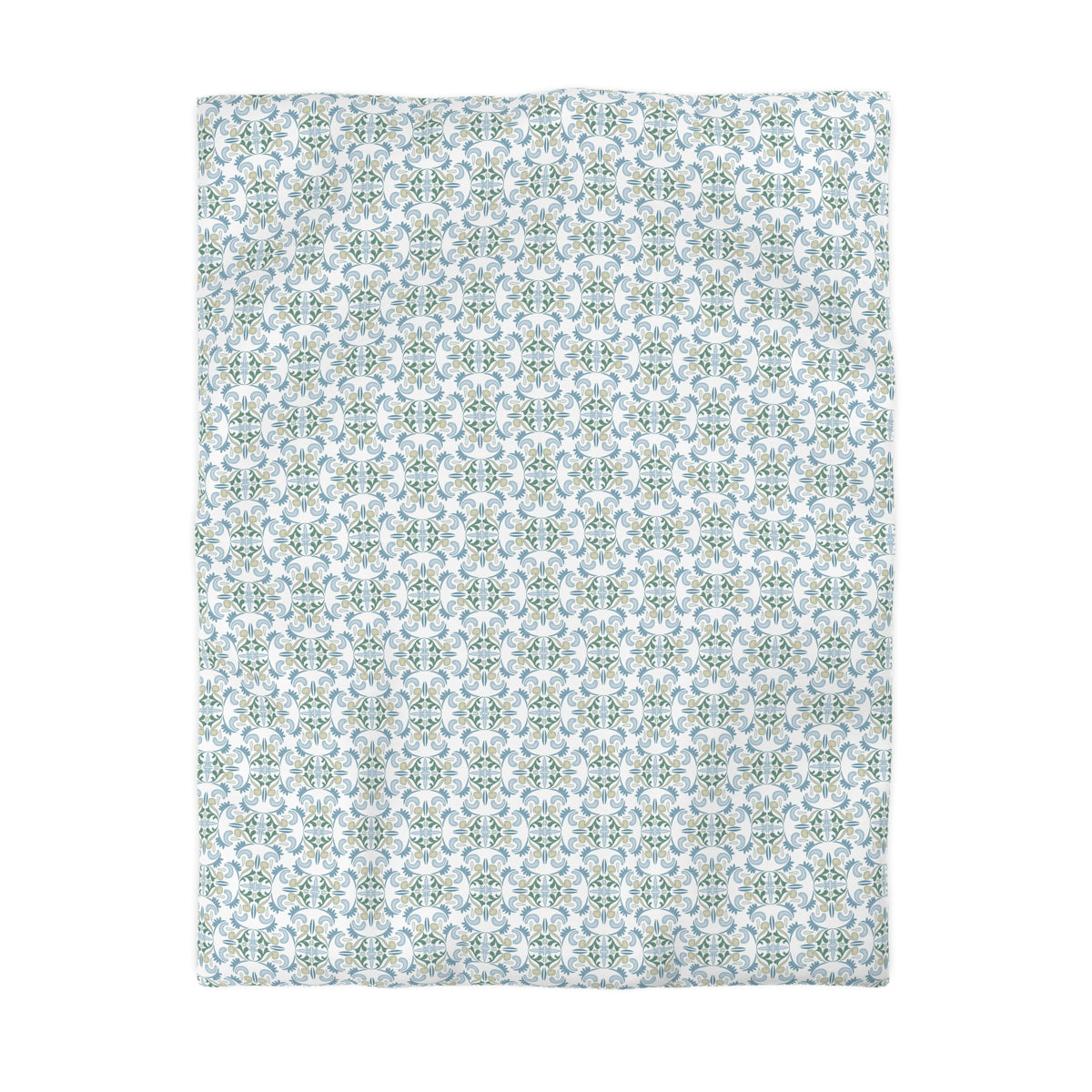 a square-shaped fabric with a repeating pattern of green and white flowers or leaves.