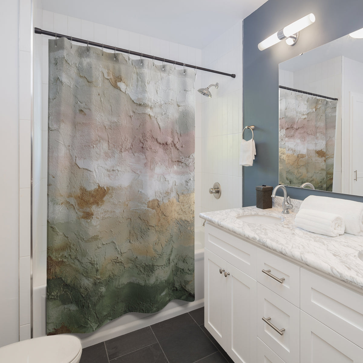 a modern bathroom with a white vanity, a shower curtain featuring a colorful abstract design, and a mirror above the vanity.