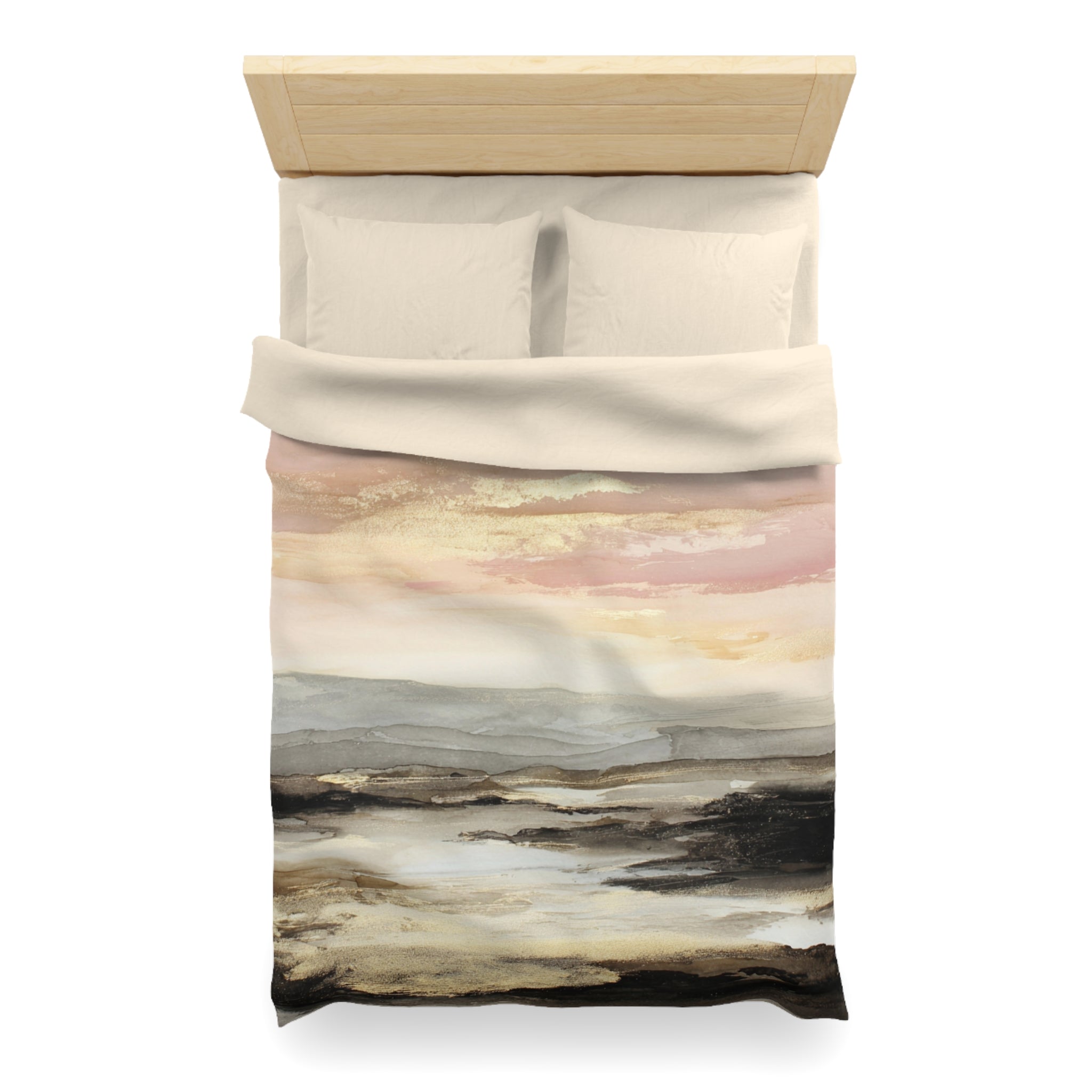 a bed with a white comforter and pillows, featuring a colorful landscape print depicting a sunset over a body of water.