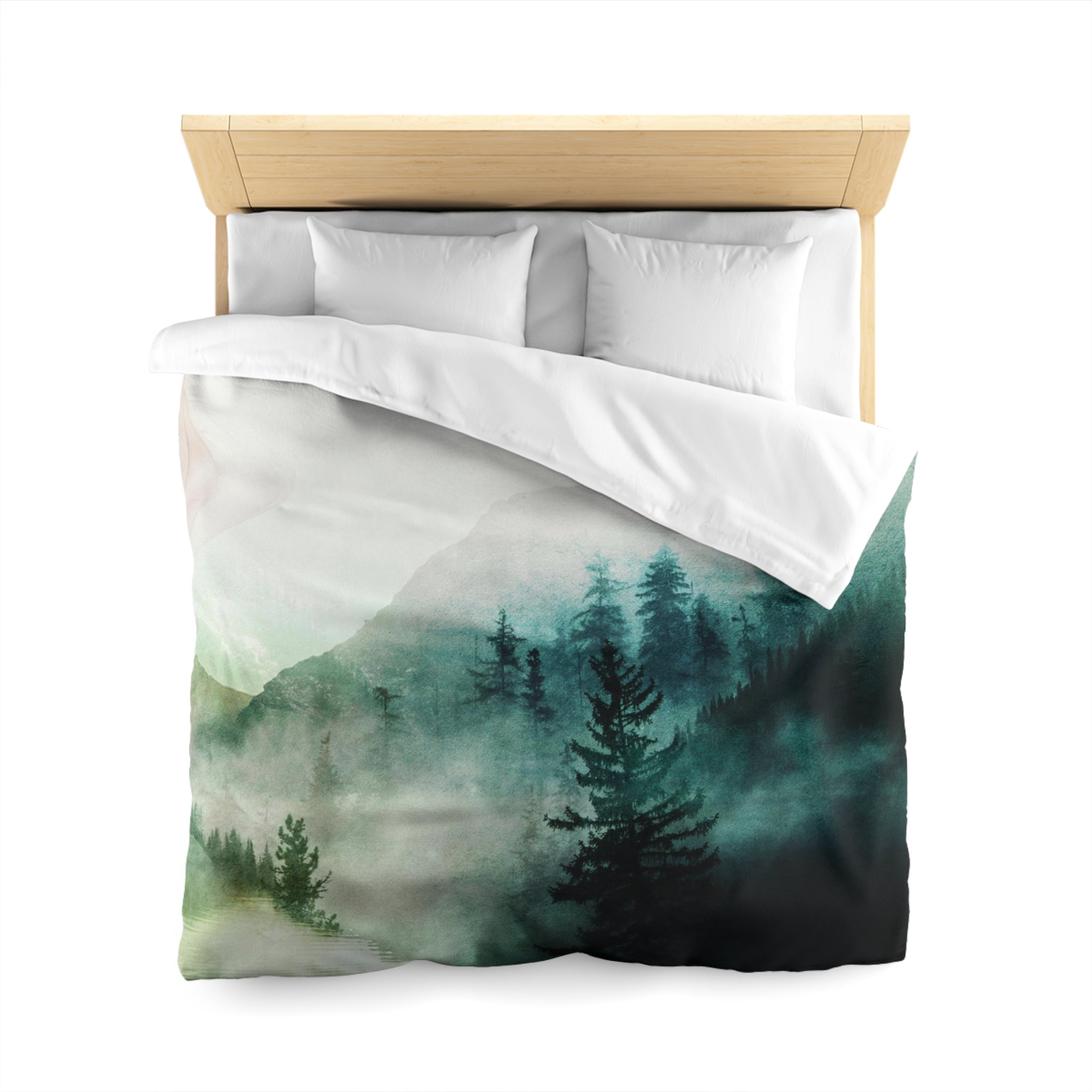 Boho Landscape Duvet Cover | Teal Sage Green Pine Trees