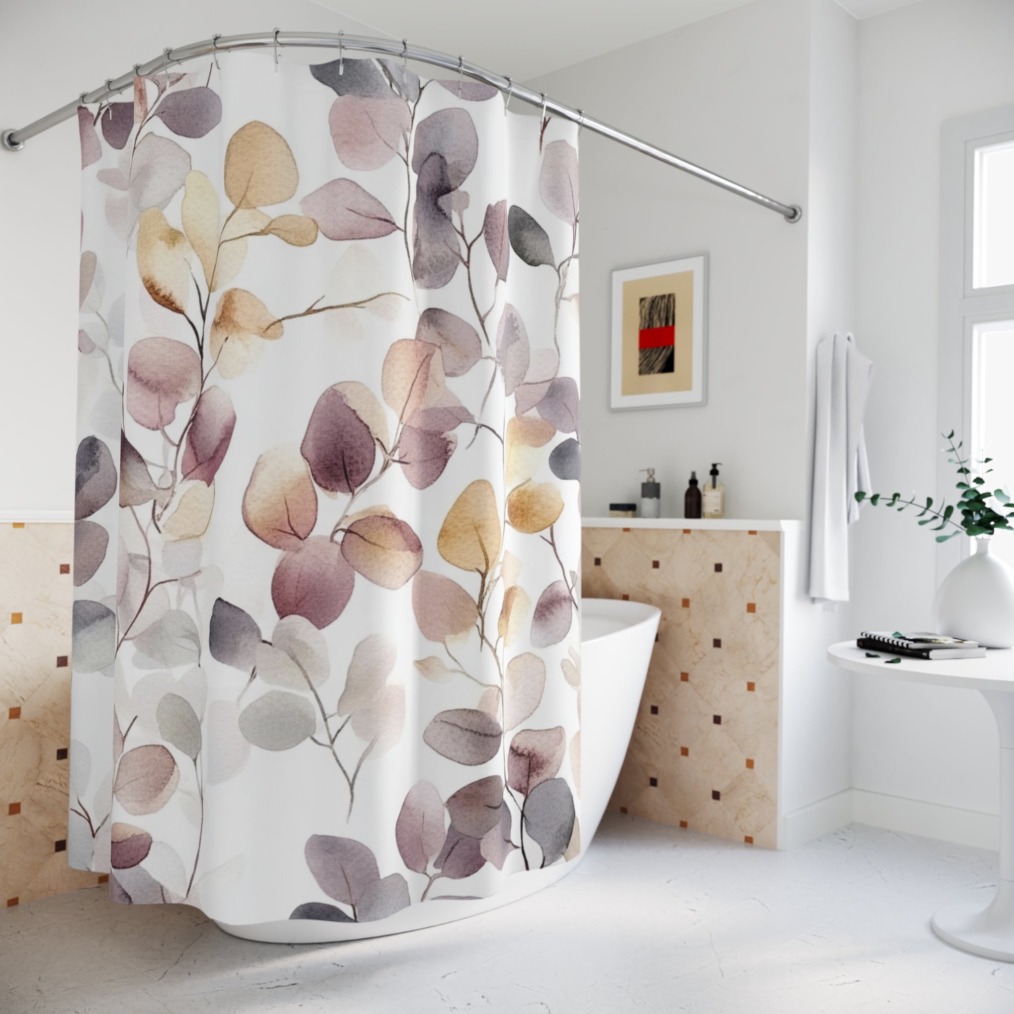 Boho Shower Curtain | Floral Leaves Abstract Fabric Curtain