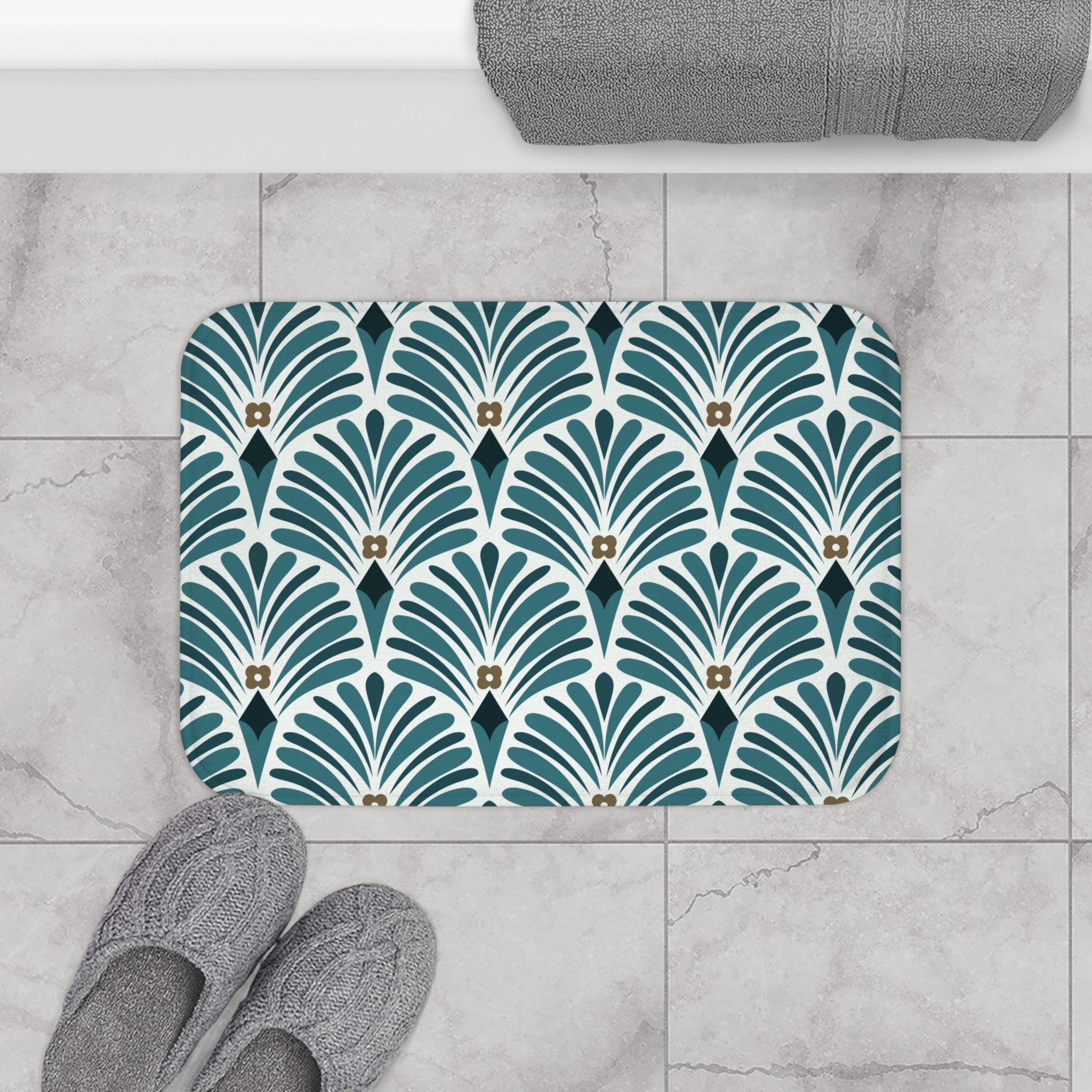 Boho Bath, Kitchen Mat |  Art Deco Nouveau Teal Green